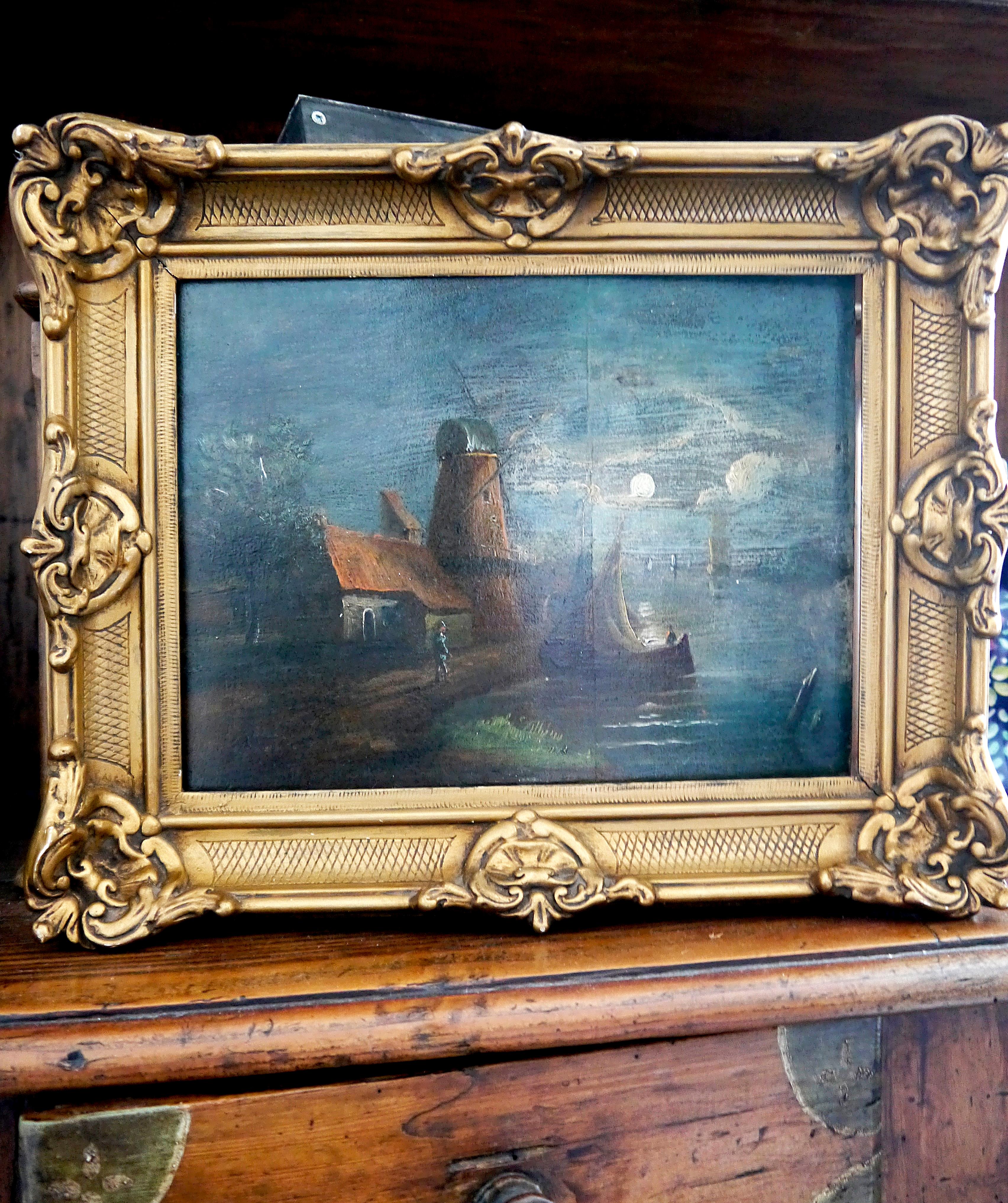 Pintura de la escuela francesa Paisaje molino de viento y luna 4