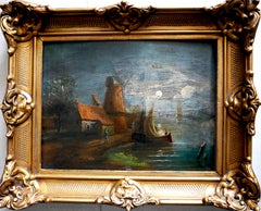 French school Landscape Windmill and Moon painting