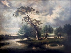 French school Landscape with cows at dusk Signed, oil on canvas with frame