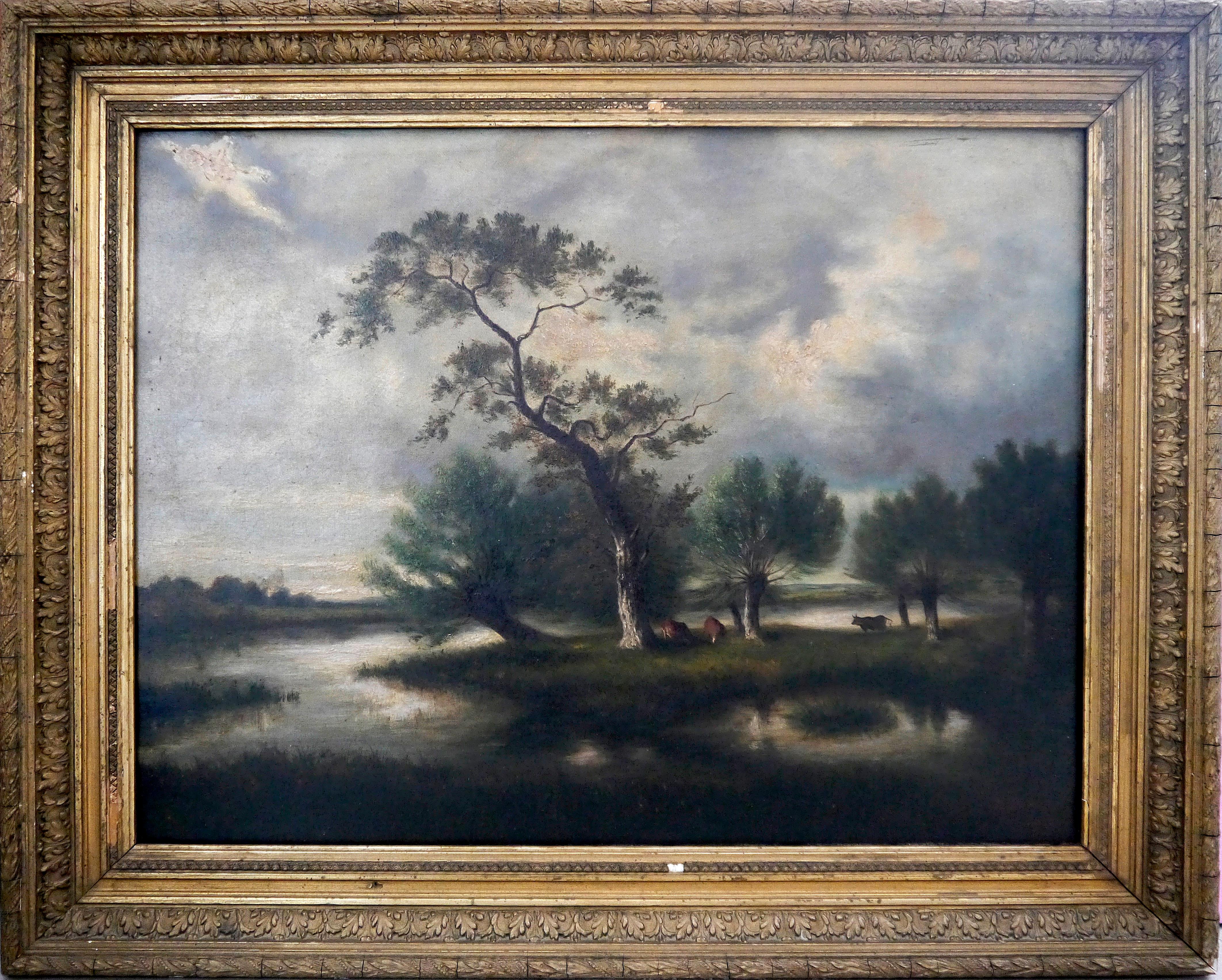 French school  Landscape with cows at dusk  Signed