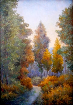 French school Landscape Wood road Fall oil painting Signed 1928