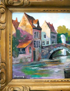 French school Luminous Canal Scene in Bruges  landscape oil painting Signed