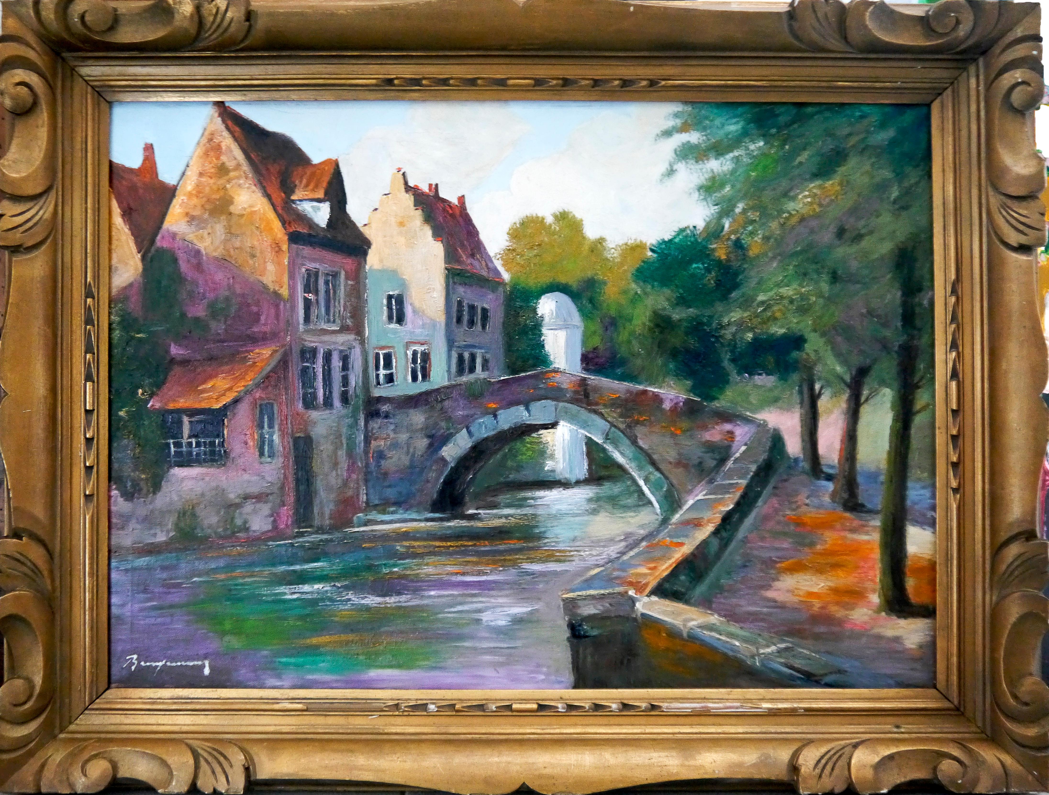 French school Luminous Canal Scene in Bruges  landscape oil painting Signed
