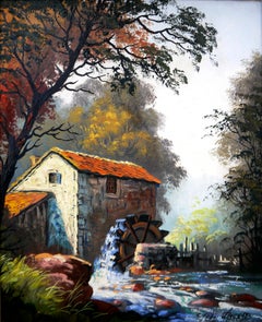 French school Luminous Landscape with water mill, oil painting Signed