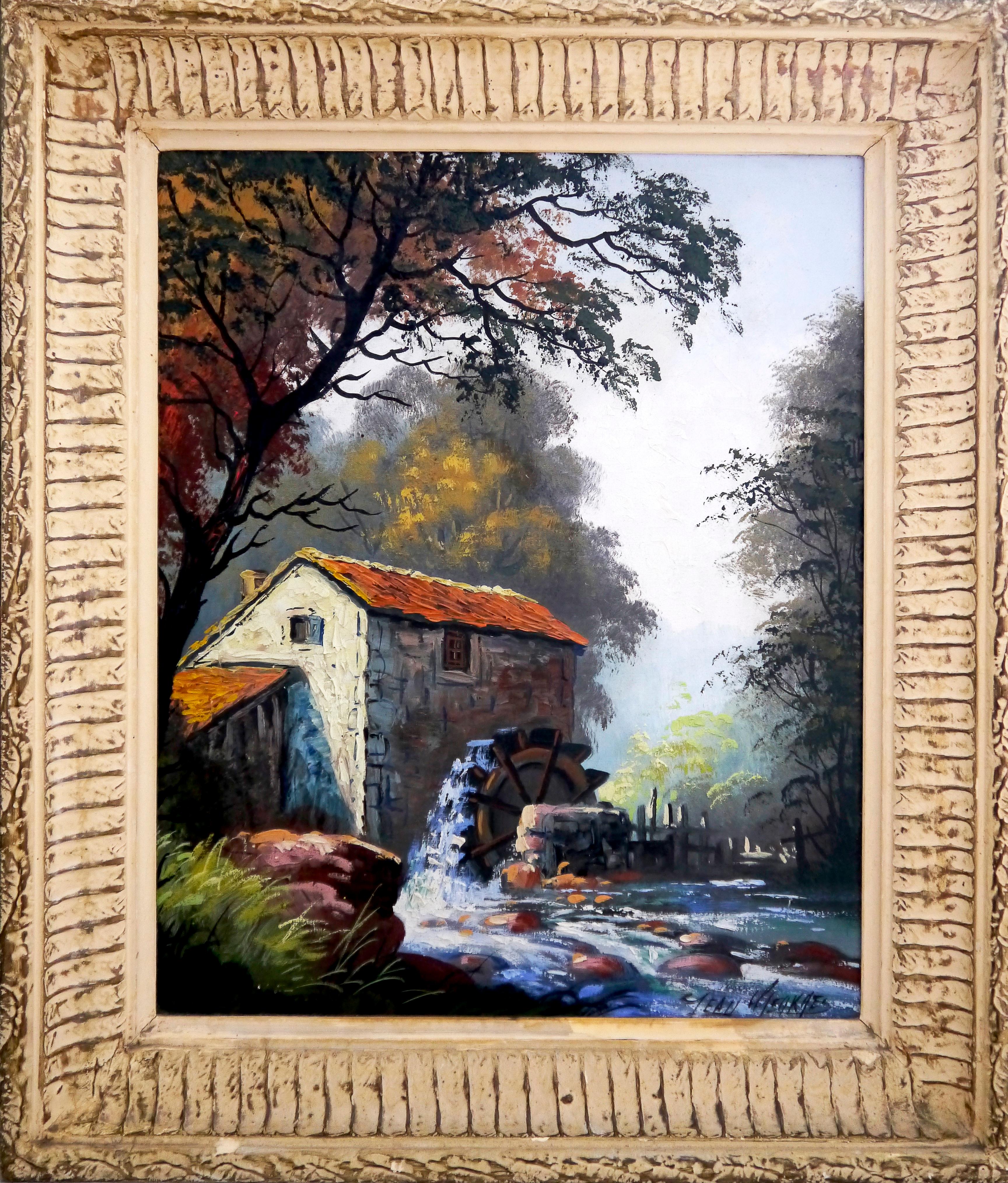French school Luminous Landscape with water mill, oil painting Signed