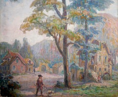 French school Medieval scene Landscape Oil painting