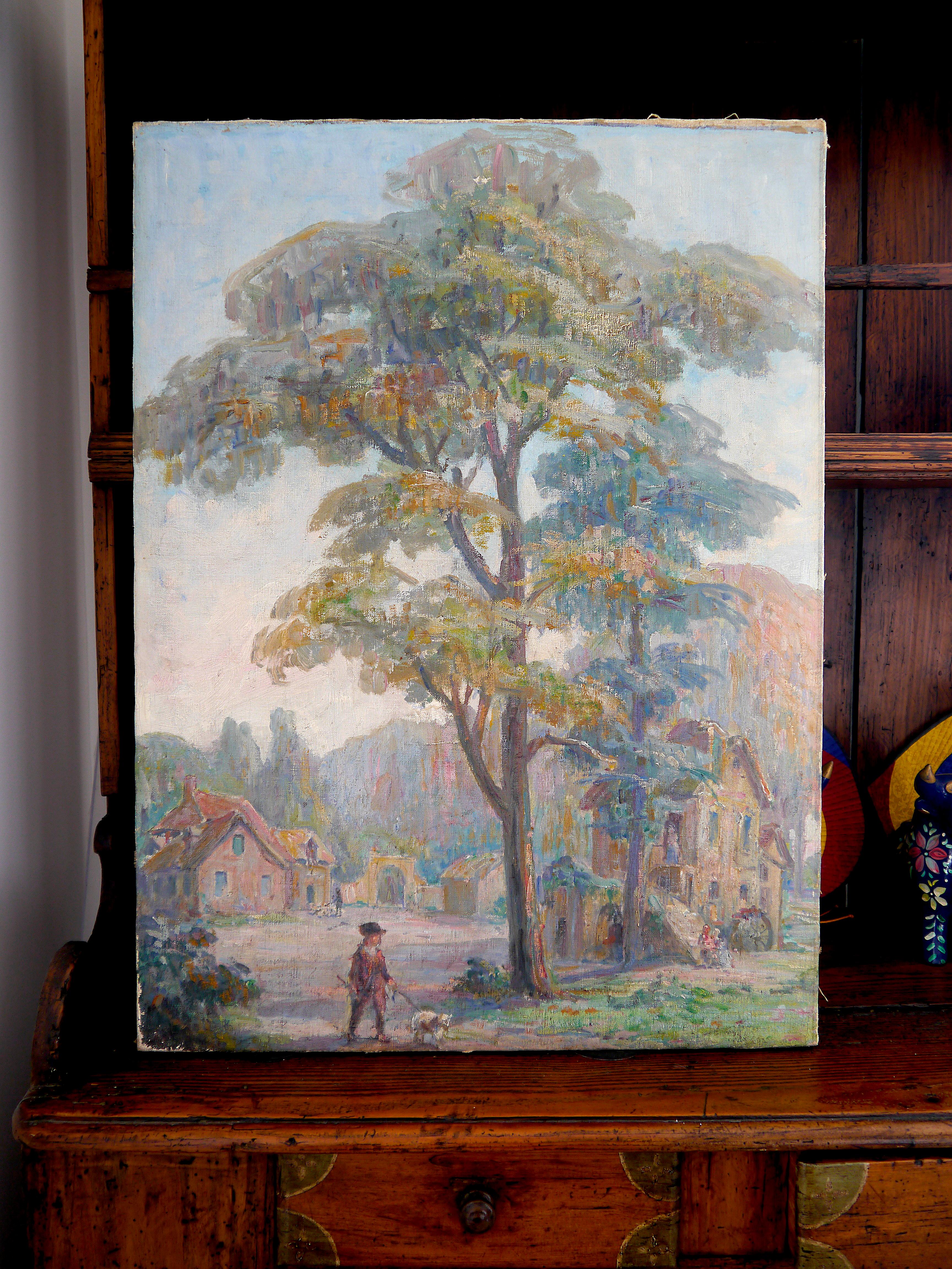 French school Medieval scene Landscape Oil painting For Sale 1