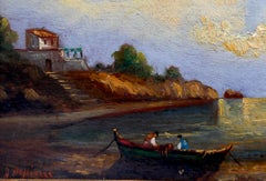 French school Miniature Mediterranean coastal inlet landscape , oil painting