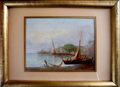 French school Miniature Mediterranean harbour landscape , oil painting