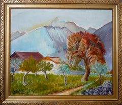 French school Mountain Landscape in Autumn oil painting Signed 1934
