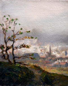 French school Panoramic Landscape with Town in the Mist Signed oil painting 1933