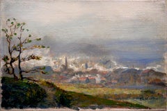 French school Panoramic Landscape with Town in the Mist Signed oil painting 1933