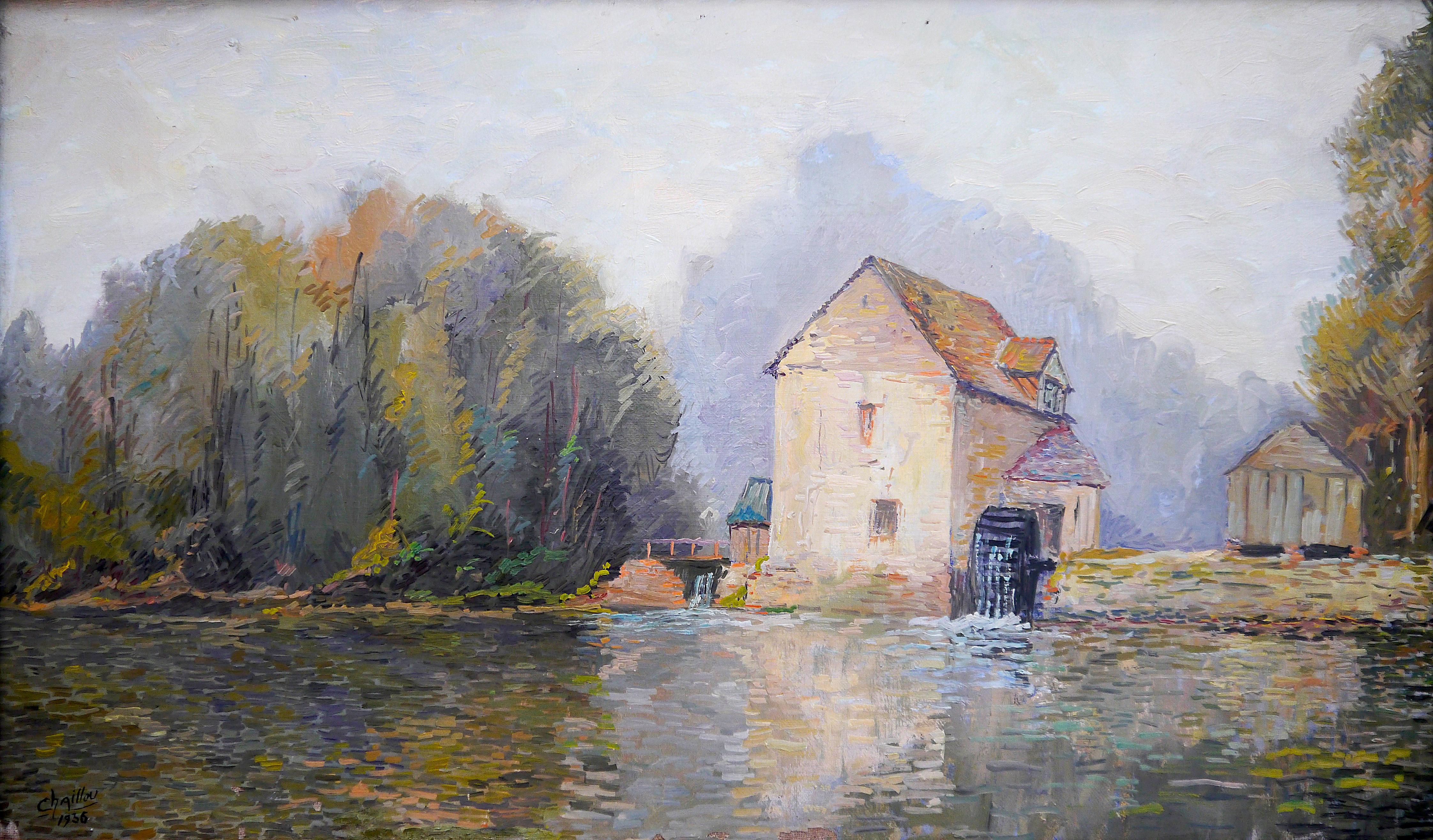 French School Pointillism Landscape Framed Signed Chaillou - Painting by French School Masters