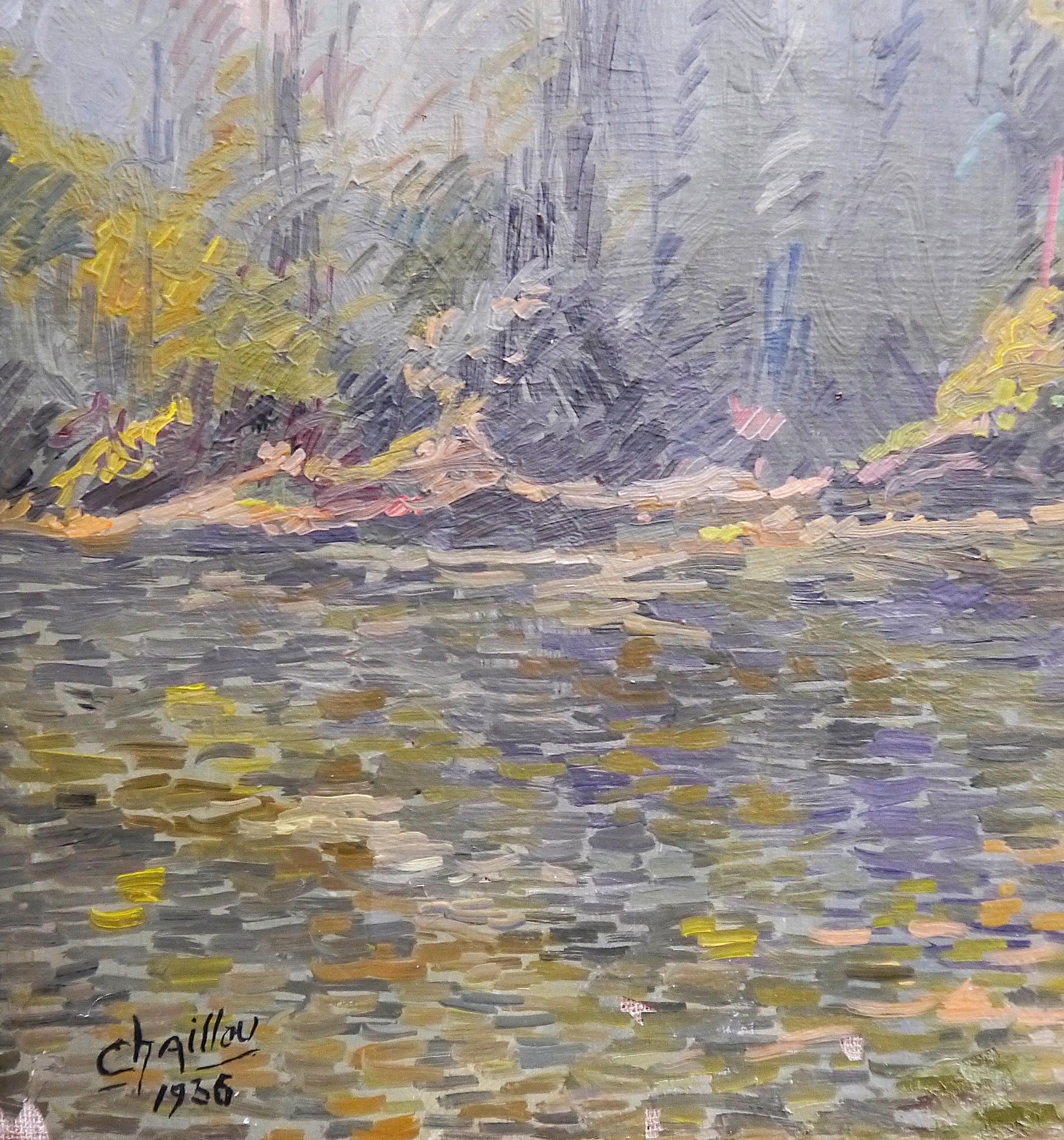 French School Pointillism Landscape Framed Signed Chaillou For Sale 3