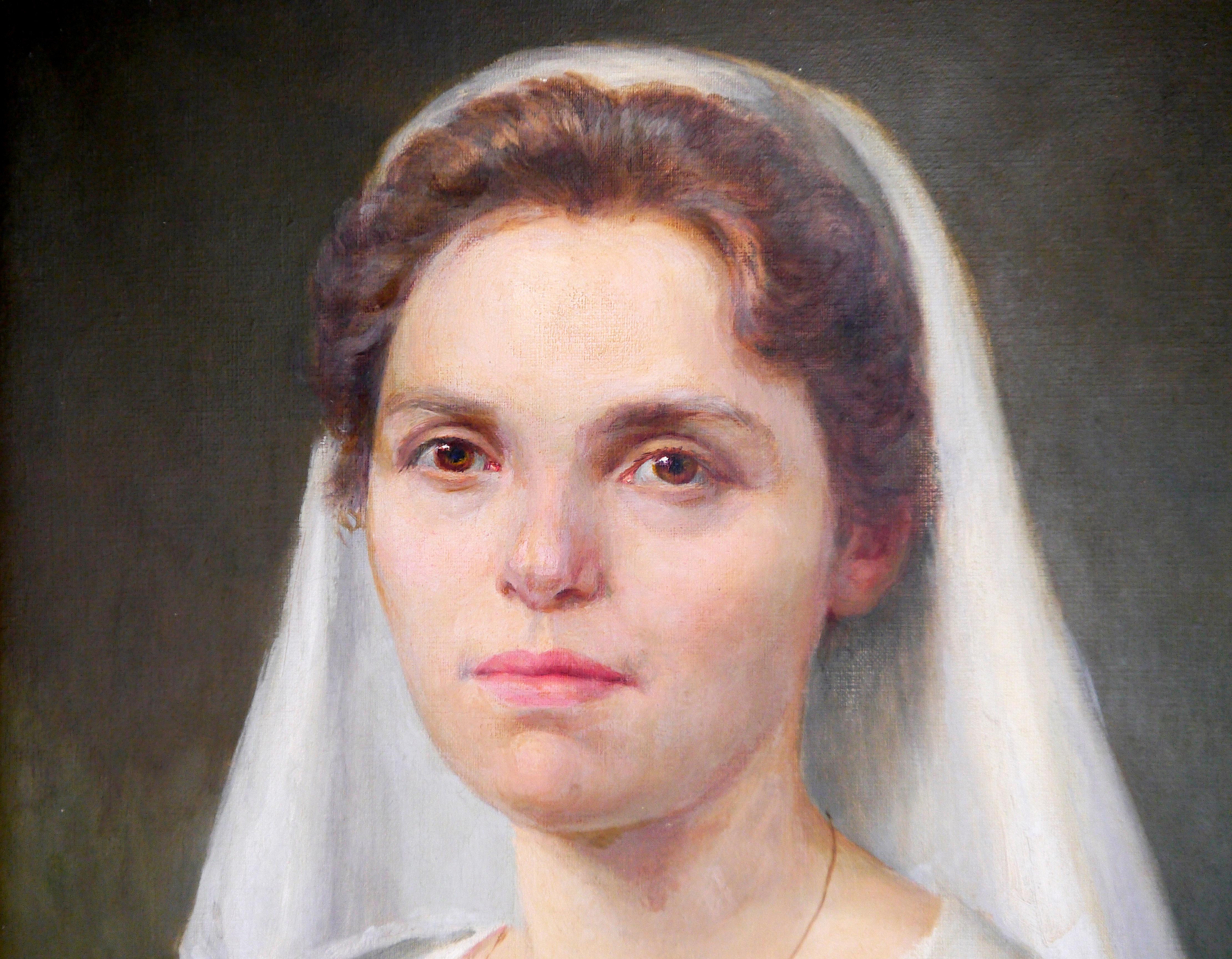 Französisch Schule Porträt Krankenschwester Signiert (Braun), Figurative Painting, von French School Masters