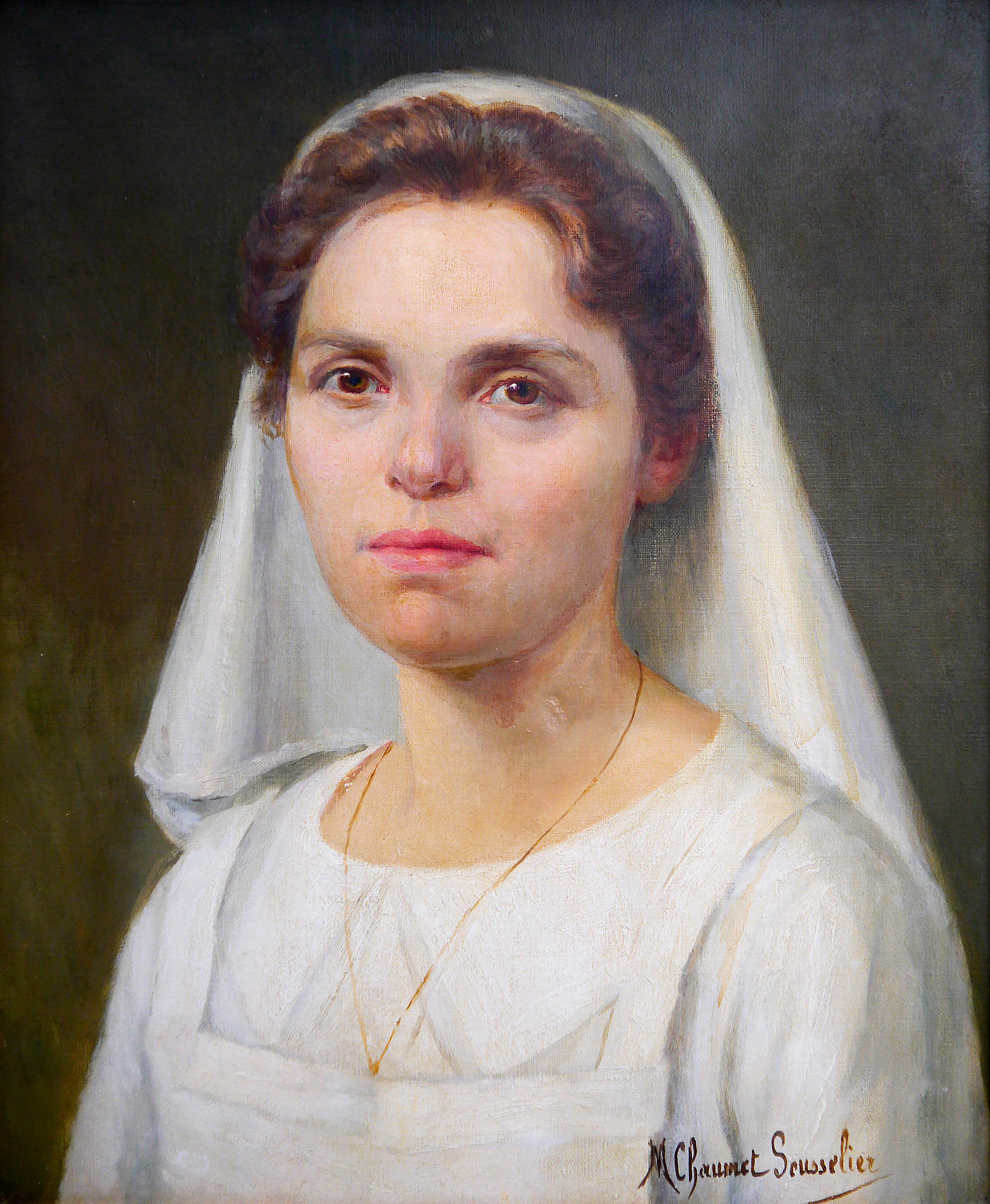 ➡️Nurse Porträt von WWI⬅️

Es ist signiert M Chaumet Sousselier⏪

Jeanne Marie Louise Chaumet Sousselier, geboren am 30. März 1869 - Paris.
Gestorben am 19. Oktober 1941 - Neuilly-sur-Seine, (Frankreich)

Ihr Name wurde für eine Ausstellung im Jahr