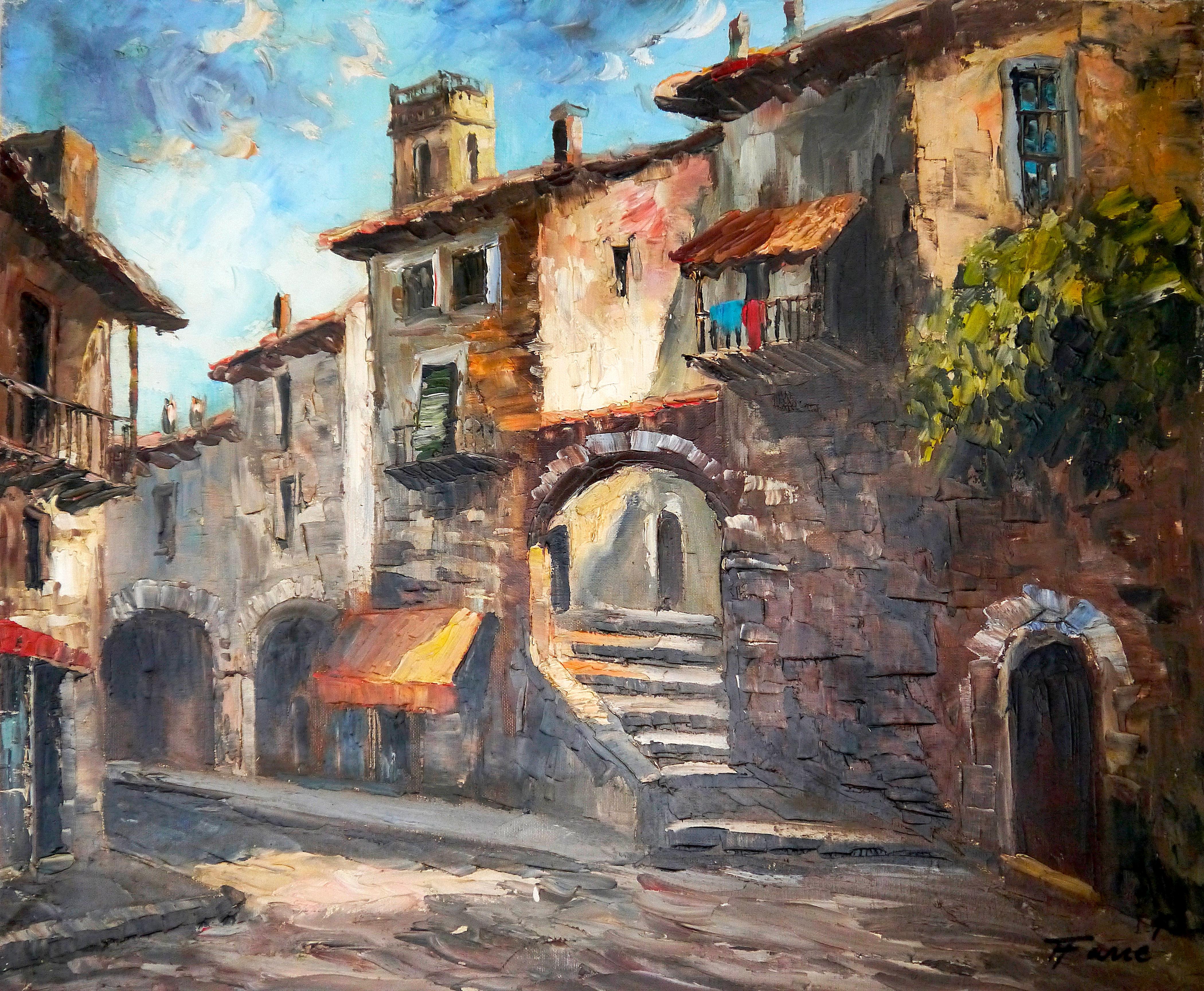 French  school Provence Village - Oil painting Signed AUC0 - Painting by French School Masters