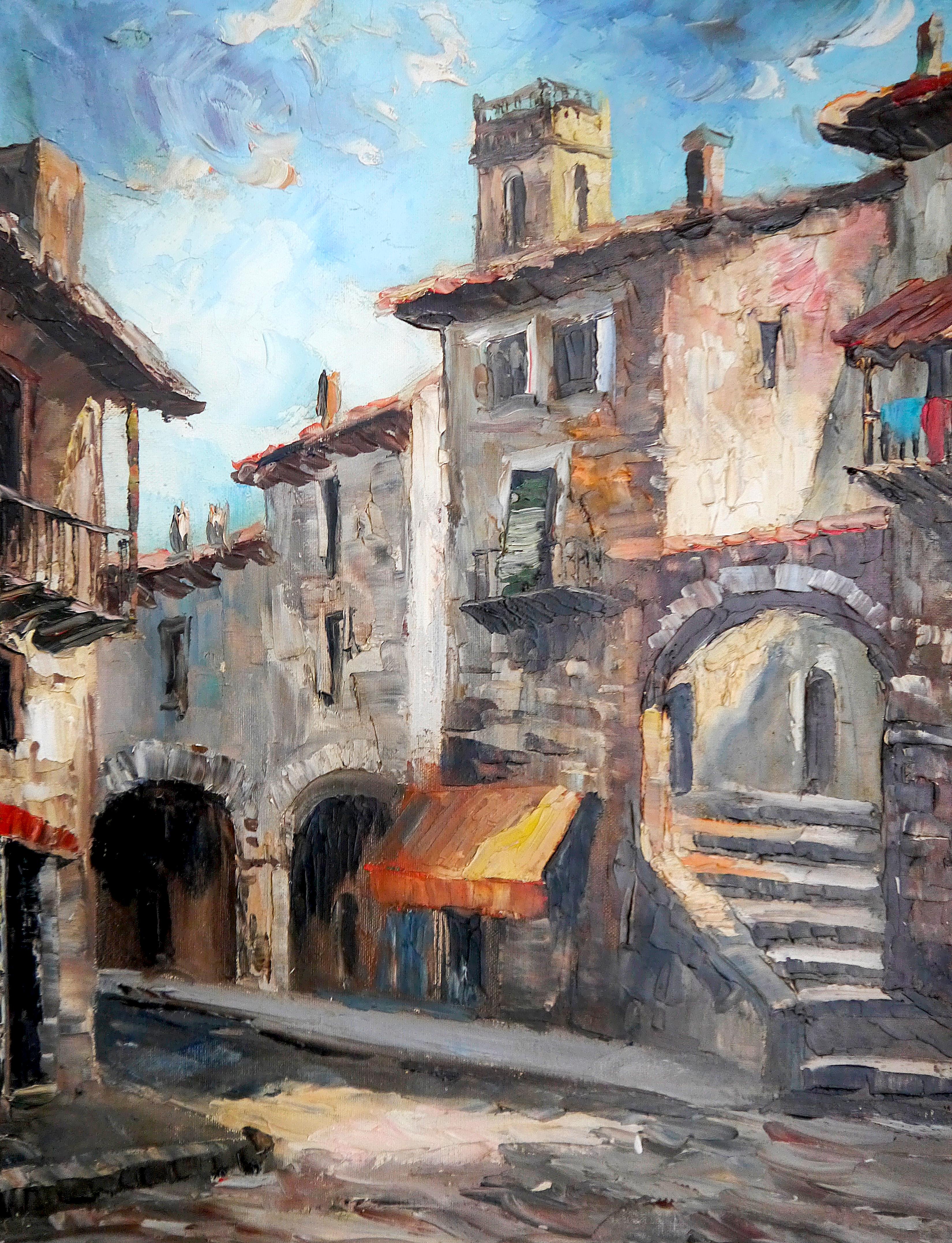 French  school Provence Village - Oil painting Signed AUC0 - Brown Landscape Painting by French School Masters
