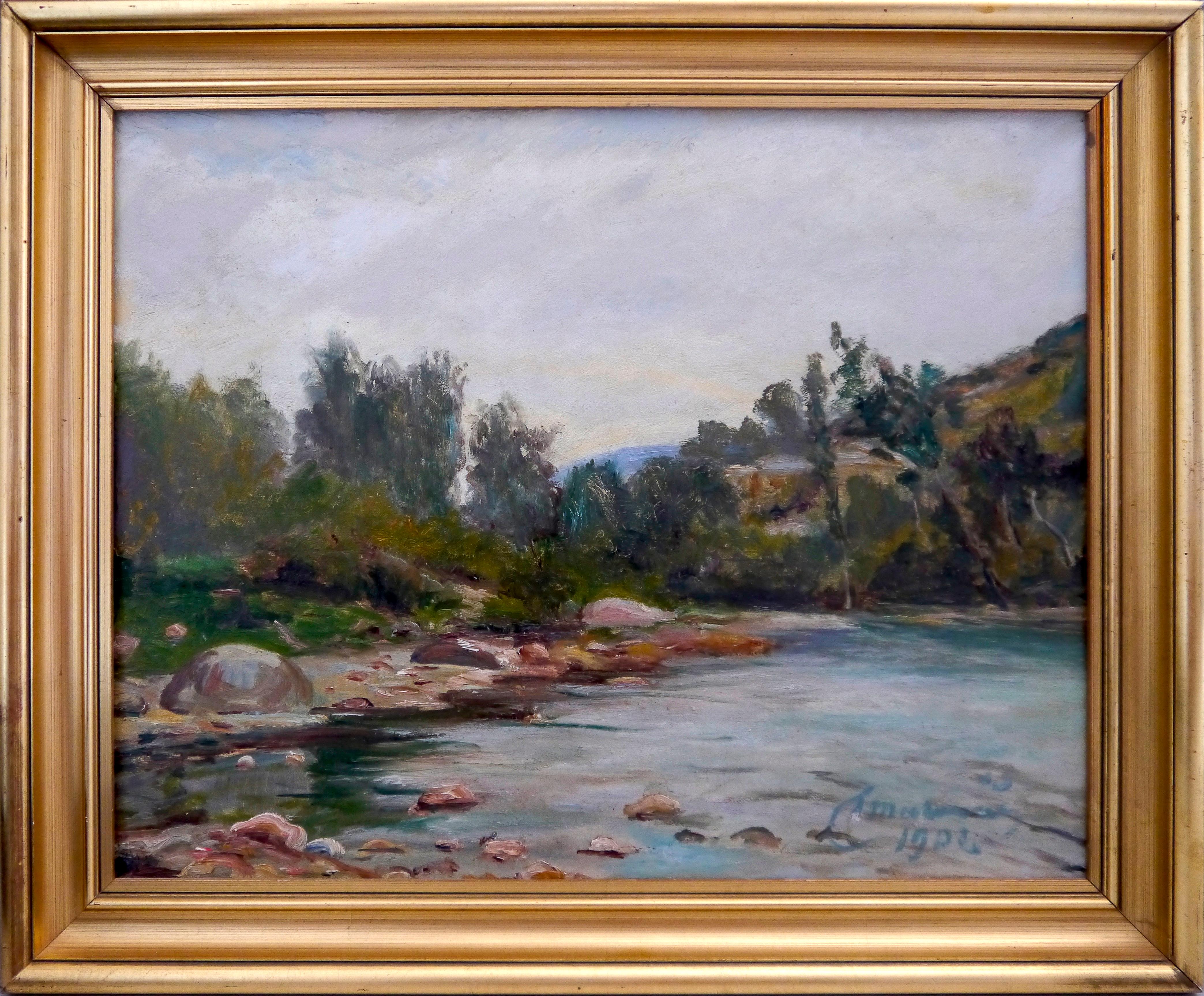 Französische Schule: Flusslandschaft 1904, signiert Ölgemälde