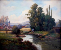 French school River Landscape with Fisherman oil painting Signed