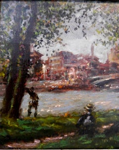 French school River side landscape, oil painting Signed