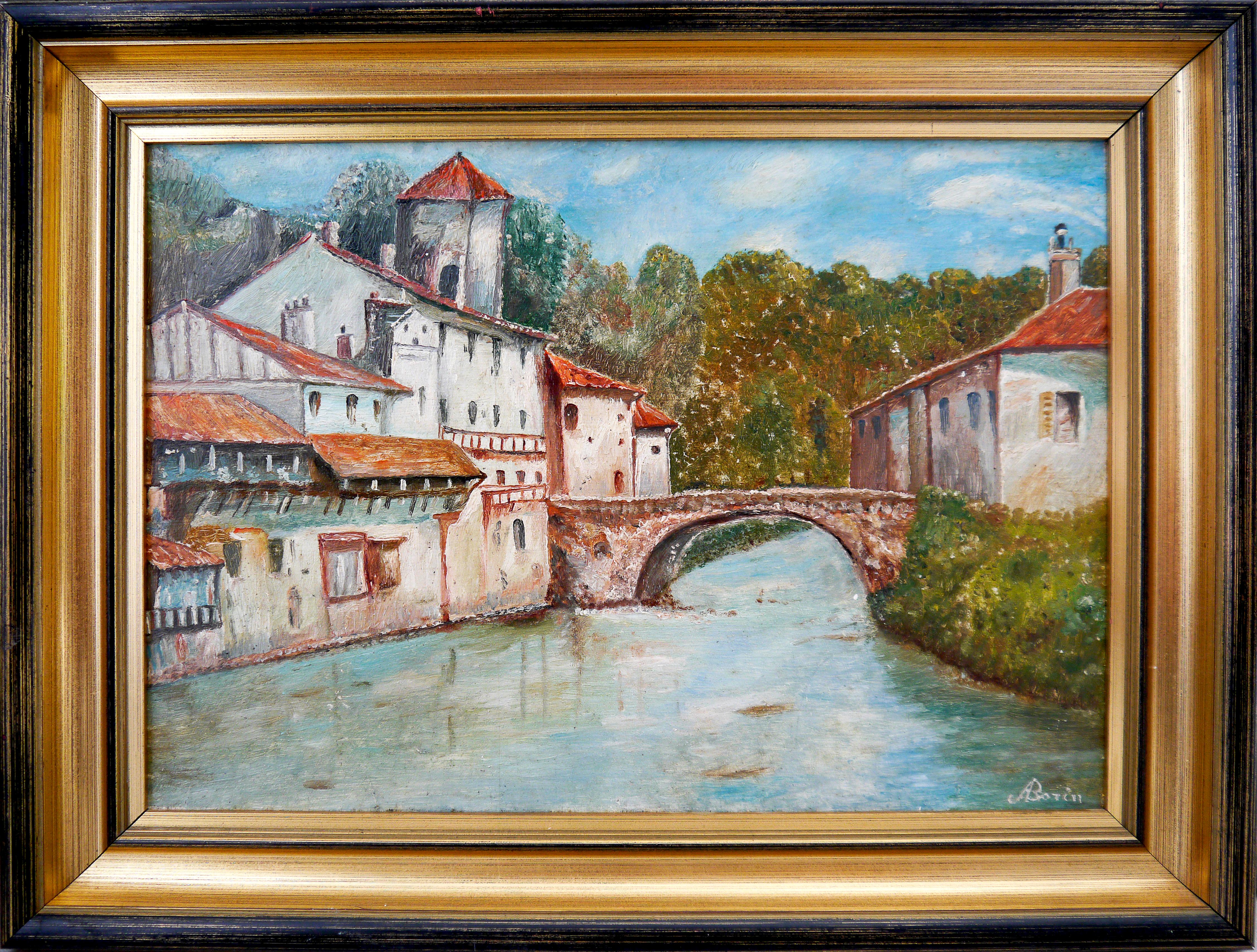 Pintura al óleo de la escuela francesa «River Town Landscape», firmada con una «F»