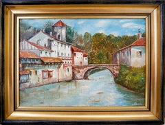 French school River Town Landscape oil painting Signed F