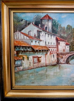 French school River Town Landscape oil painting Signed