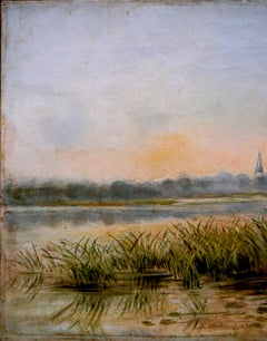 École française : « Paysage riverain avec des roseaux », peinture à l'huile, anonyme