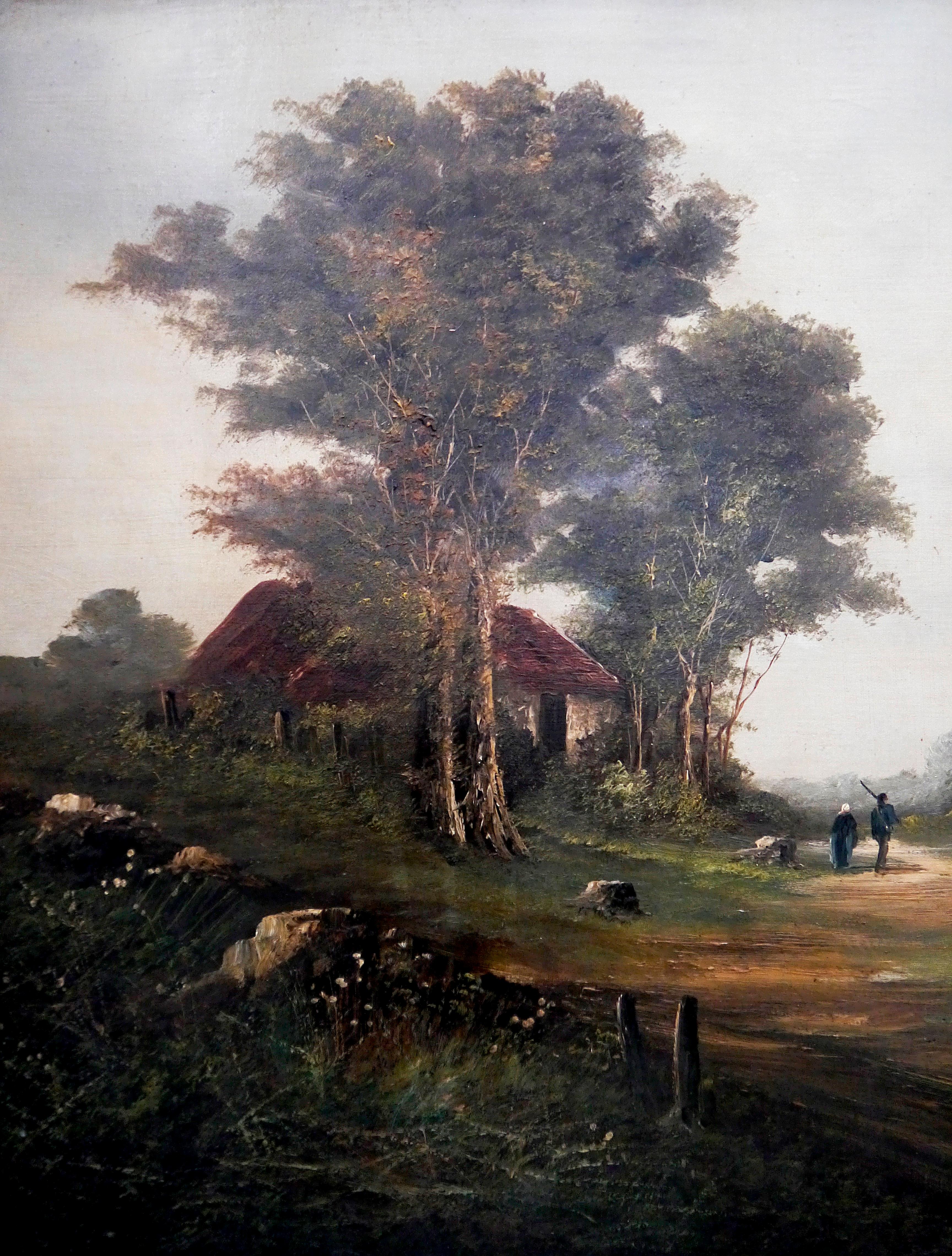 Französische Schule Szene Landschaft Barbizon Ölgemälde (Schwarz), Landscape Painting, von French School Masters