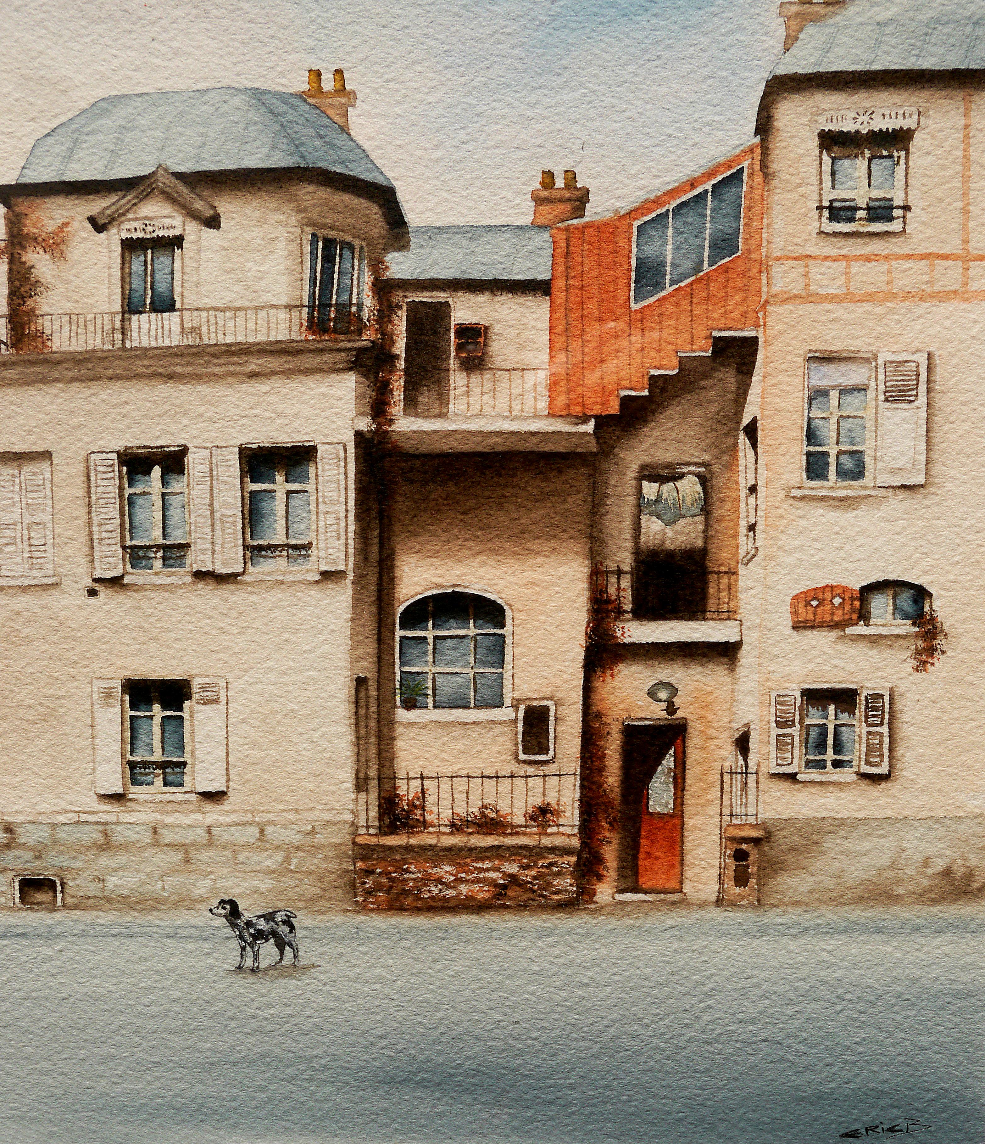 ➡️Urban scene from 50s⬅️


⭐Structural Analysis⭐

The painting depicts a quiet urban scene featuring:

A man walking with an umbrella, wearing a long coat and a hat, smoking a pipe. His posture suggests a leisurely pace, possibly reflecting
