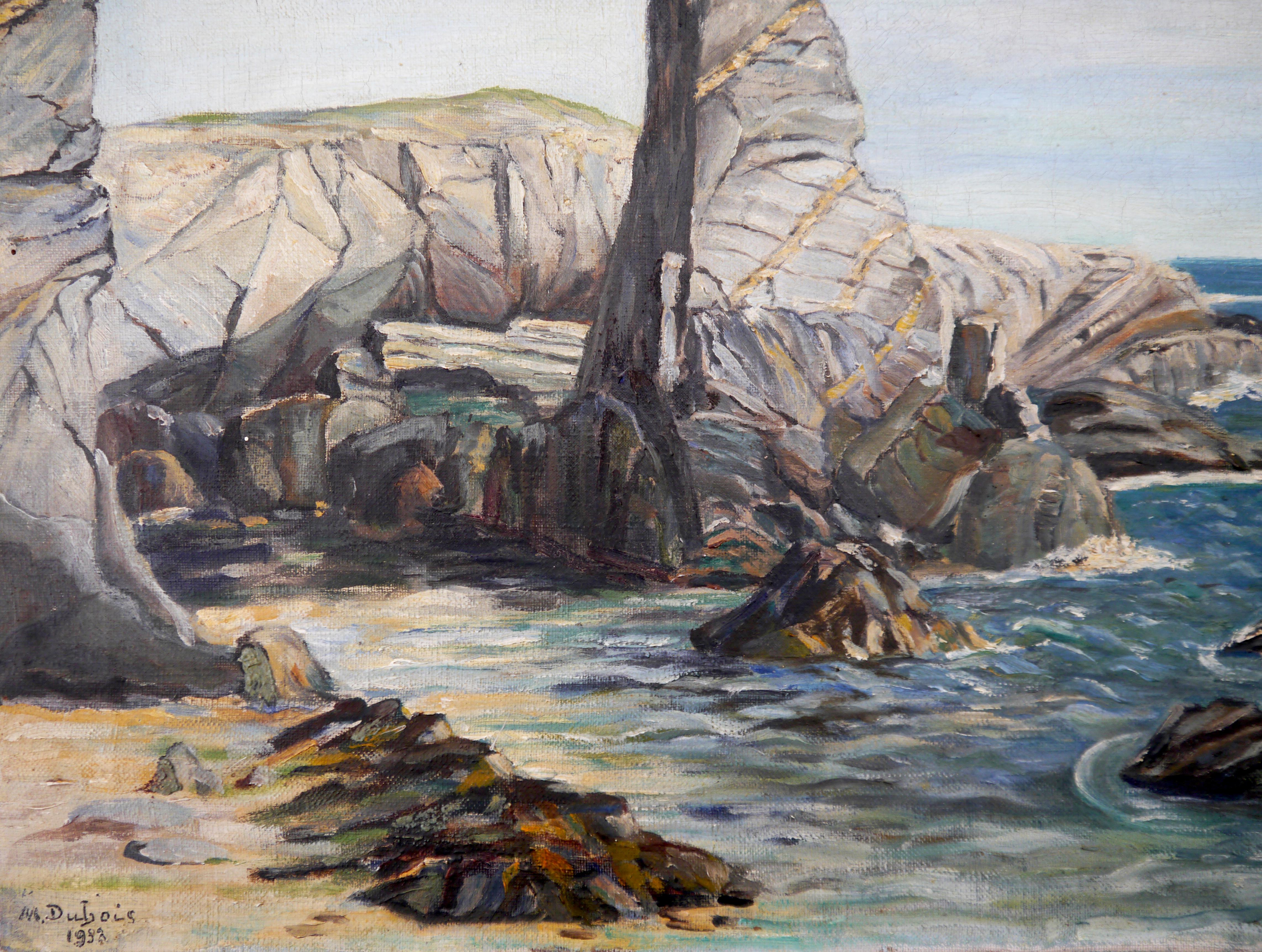 ⭐Landscape ⭐
Paysage marin de M-One, probablement né au XIXème siècle, artiste de plein air.

Analyse structurelle :⭐Structural Analysis :⭐
Cette composition représente une côte rocheuse de la côte ouest de la France (Bretagne ou Normandie). Si la