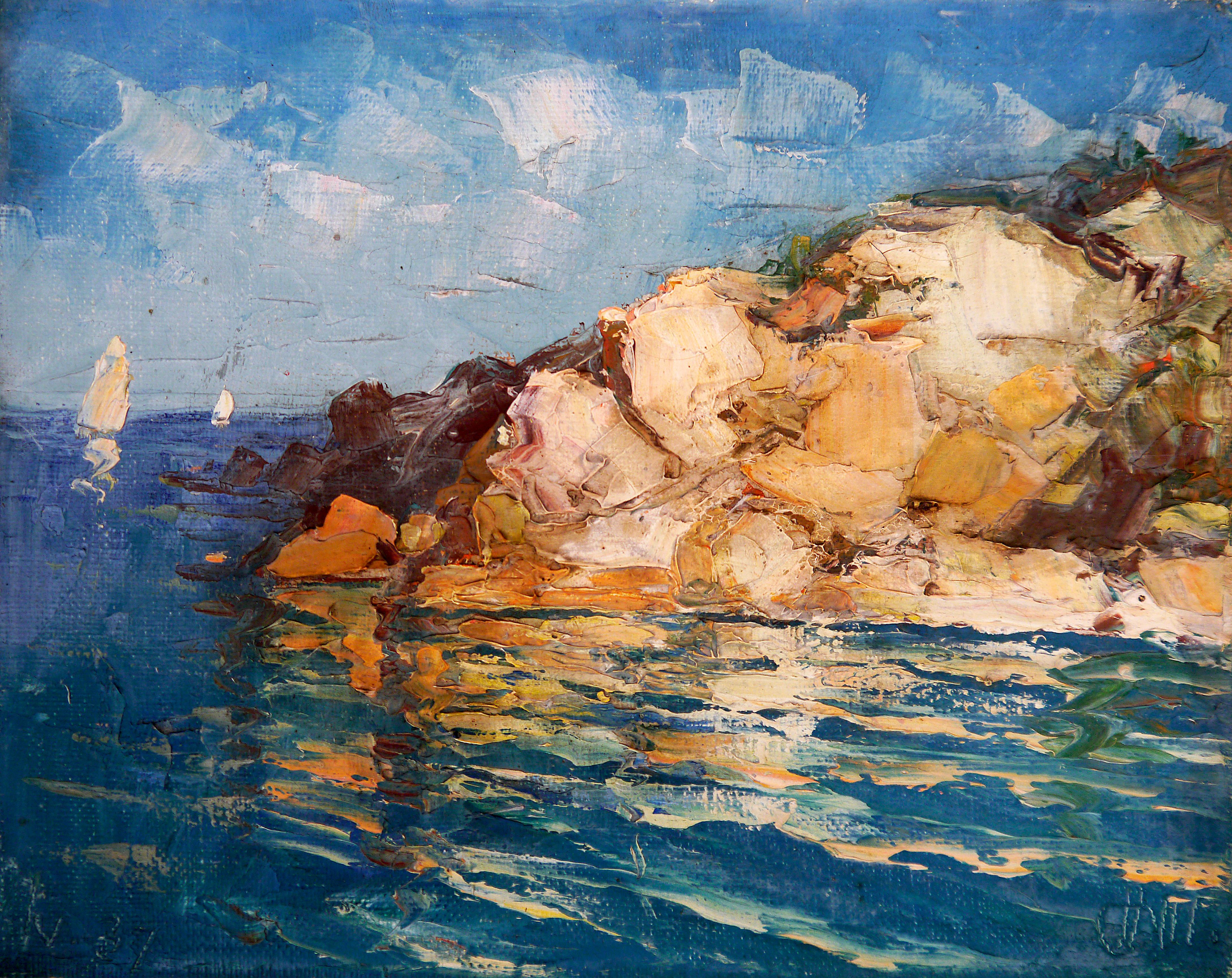 French school Seascape Provence Mediterranean Coastal Signed - Painting by French School Masters