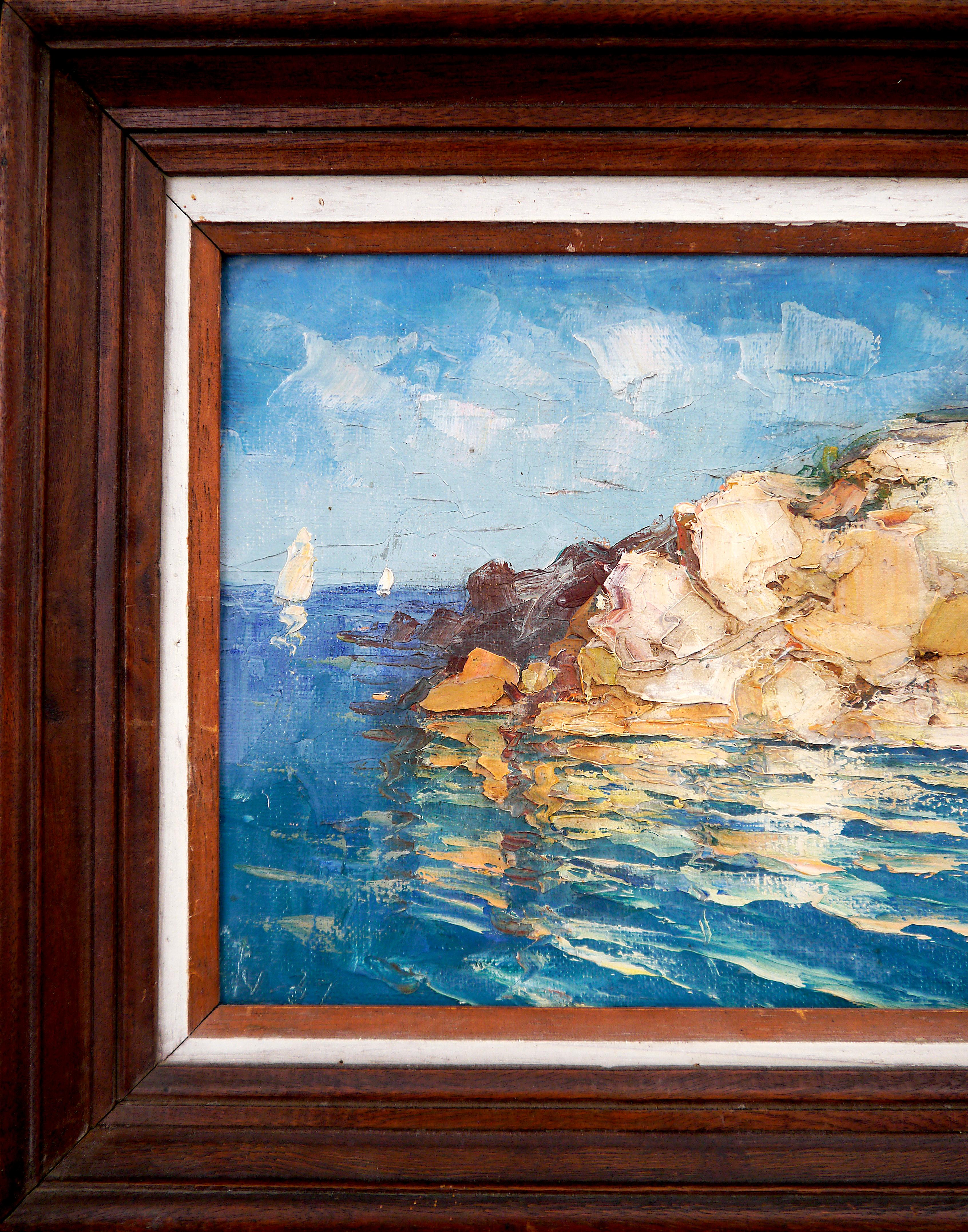 French school Seascape Provence Mediterranean Coastal Signed - Impressionist Painting by French School Masters