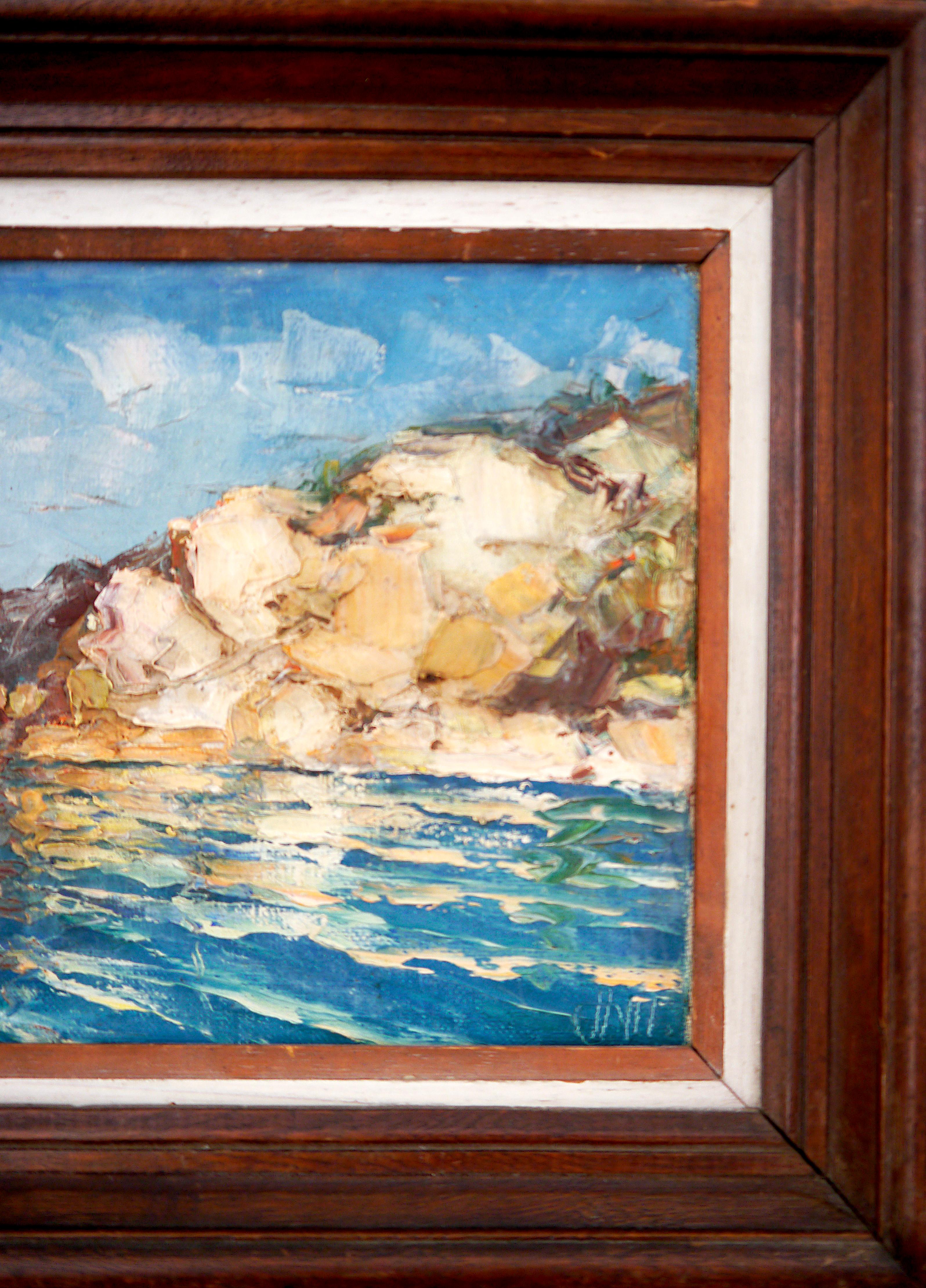 French school Seascape Provence Mediterranean Coastal Signed - Brown Landscape Painting by French School Masters