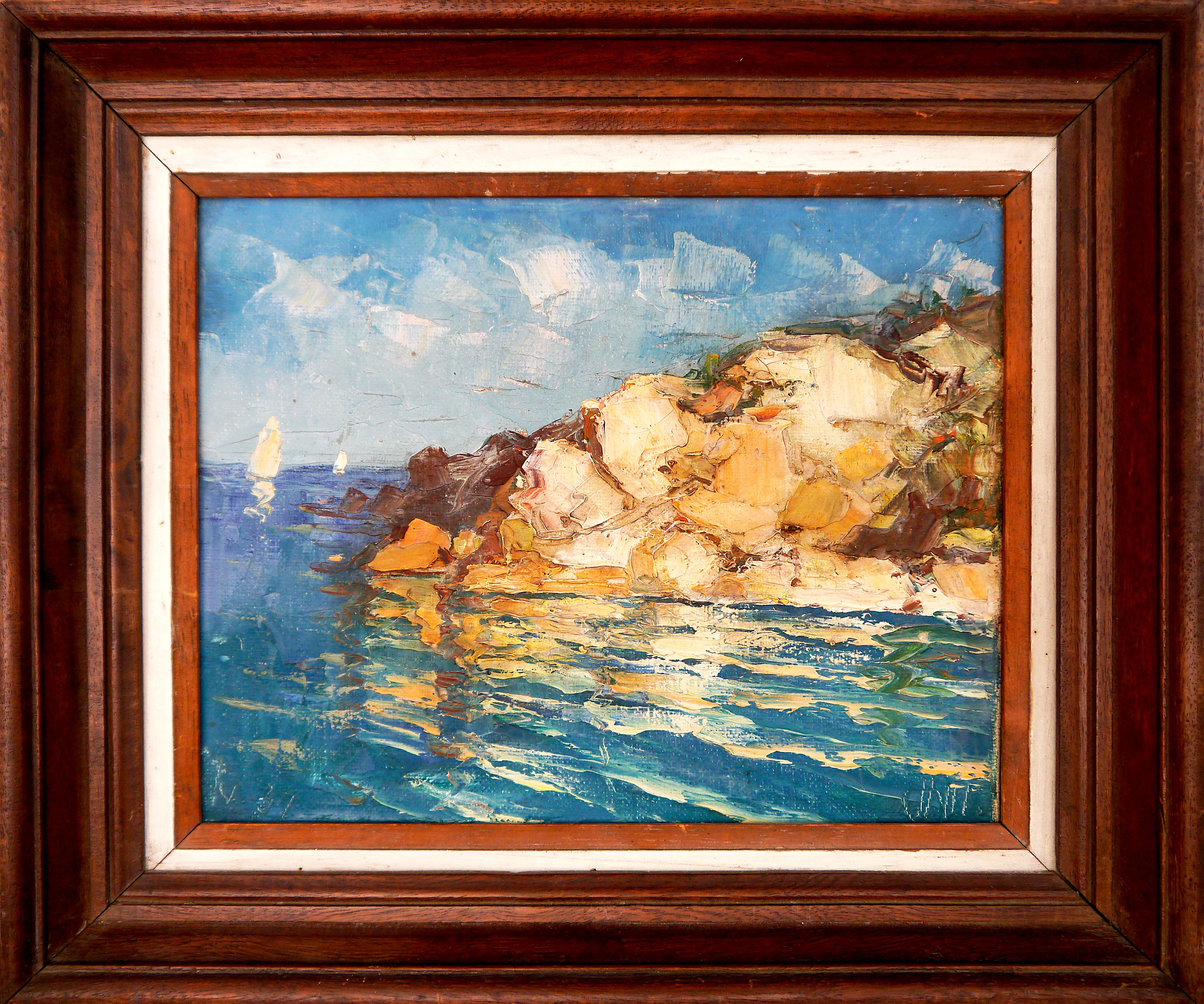French school Seascape Provence Mediterranean Coastal Signed
