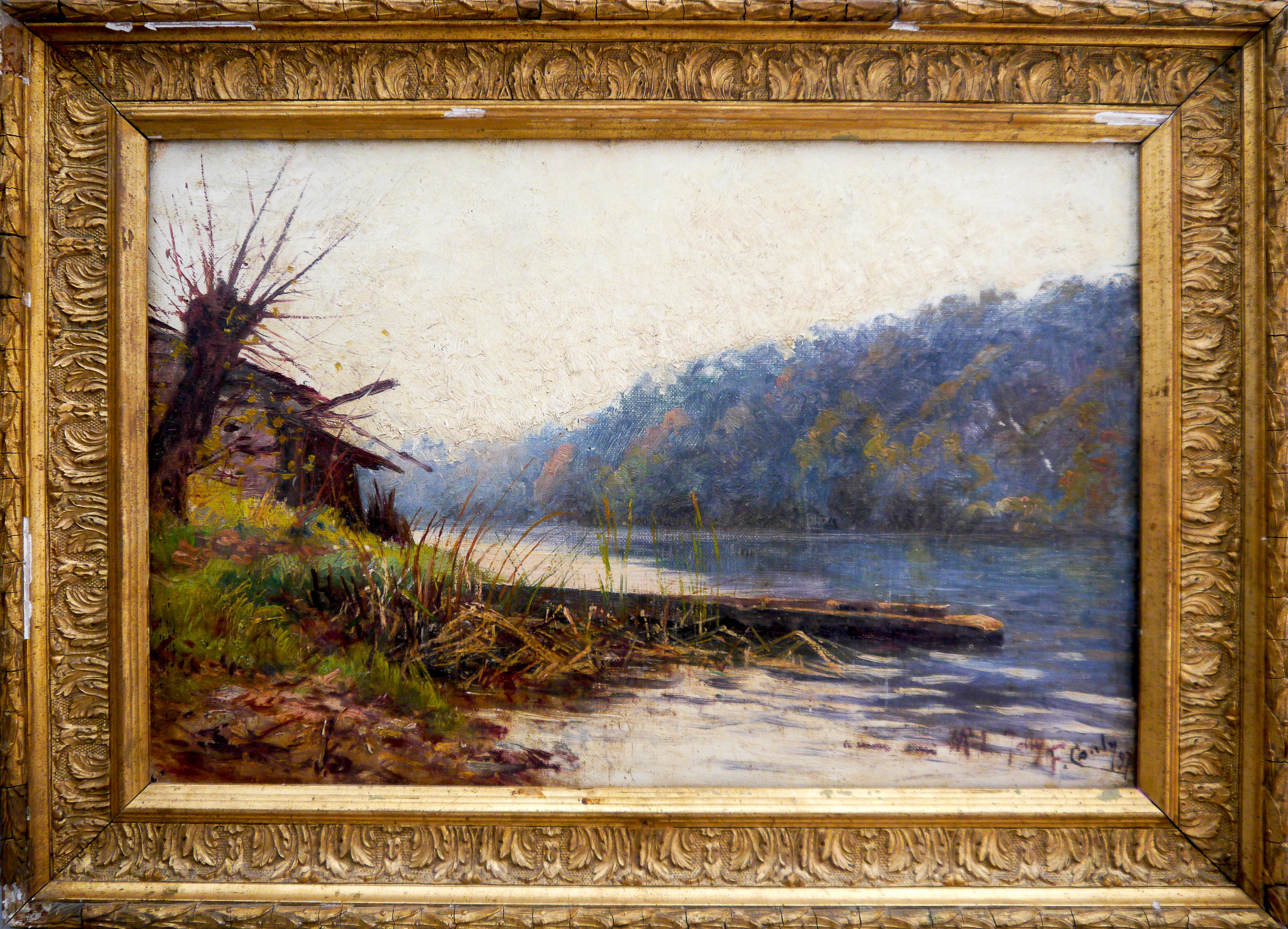 French School Masters Figurative Painting – Französische Schule Spektakuläre Landschaft in der Nähe eines Teiches Signiertes Ölgemälde