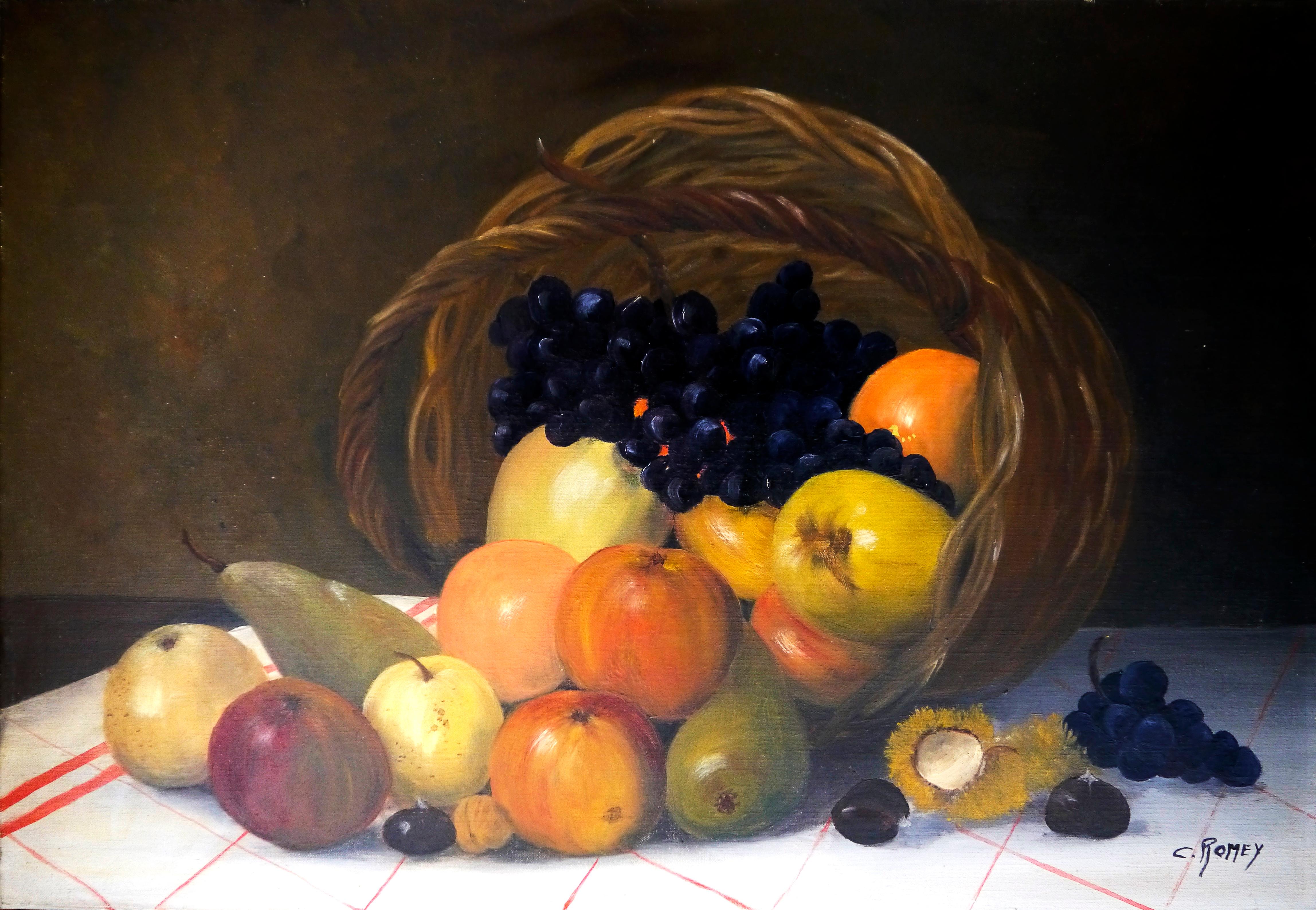 French School Masters Still-Life Painting - French school Still Life fruits Oil painting Signed