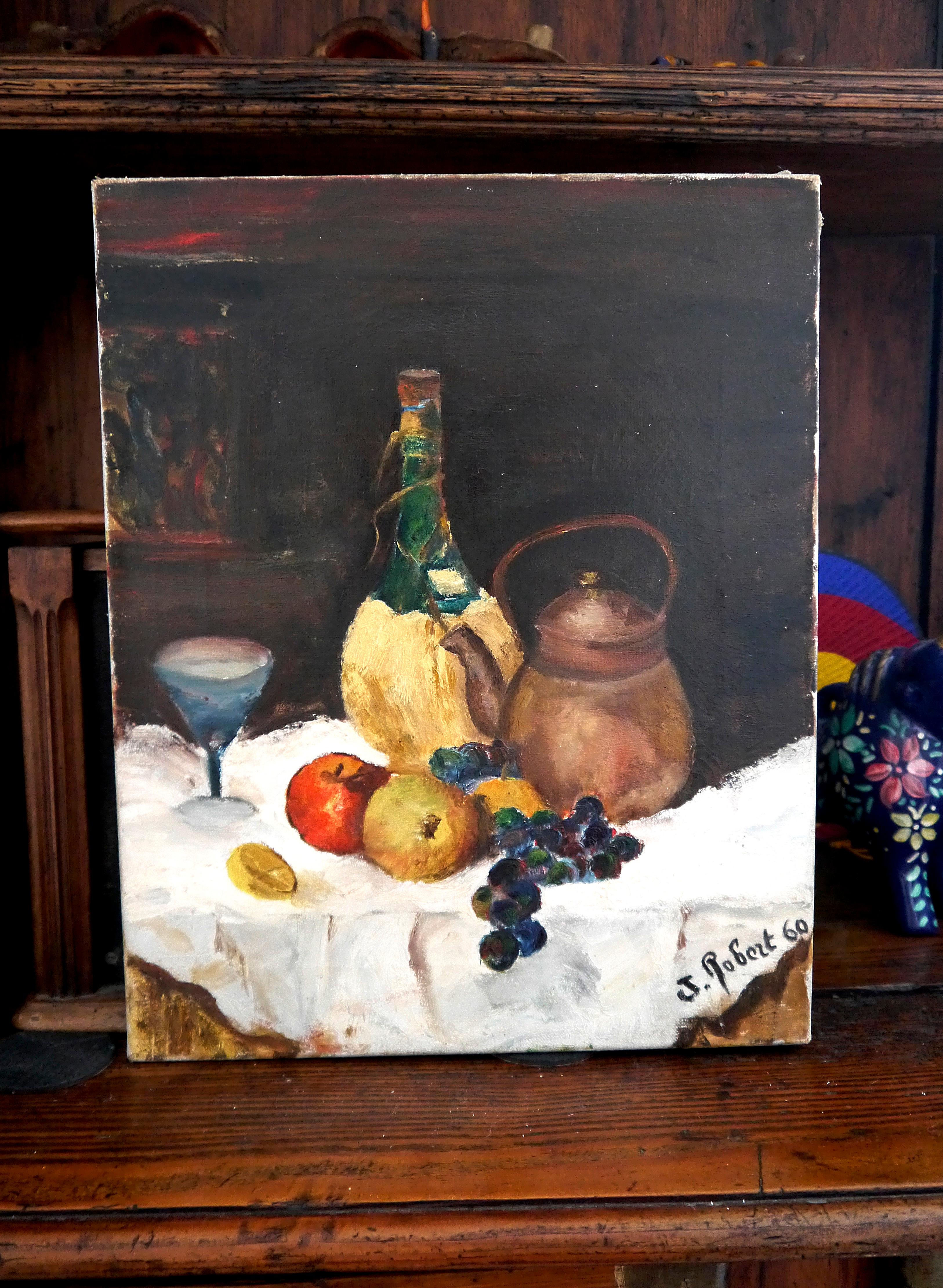 French school Still Life Oil painting Signed - Black Figurative Painting by French School Masters