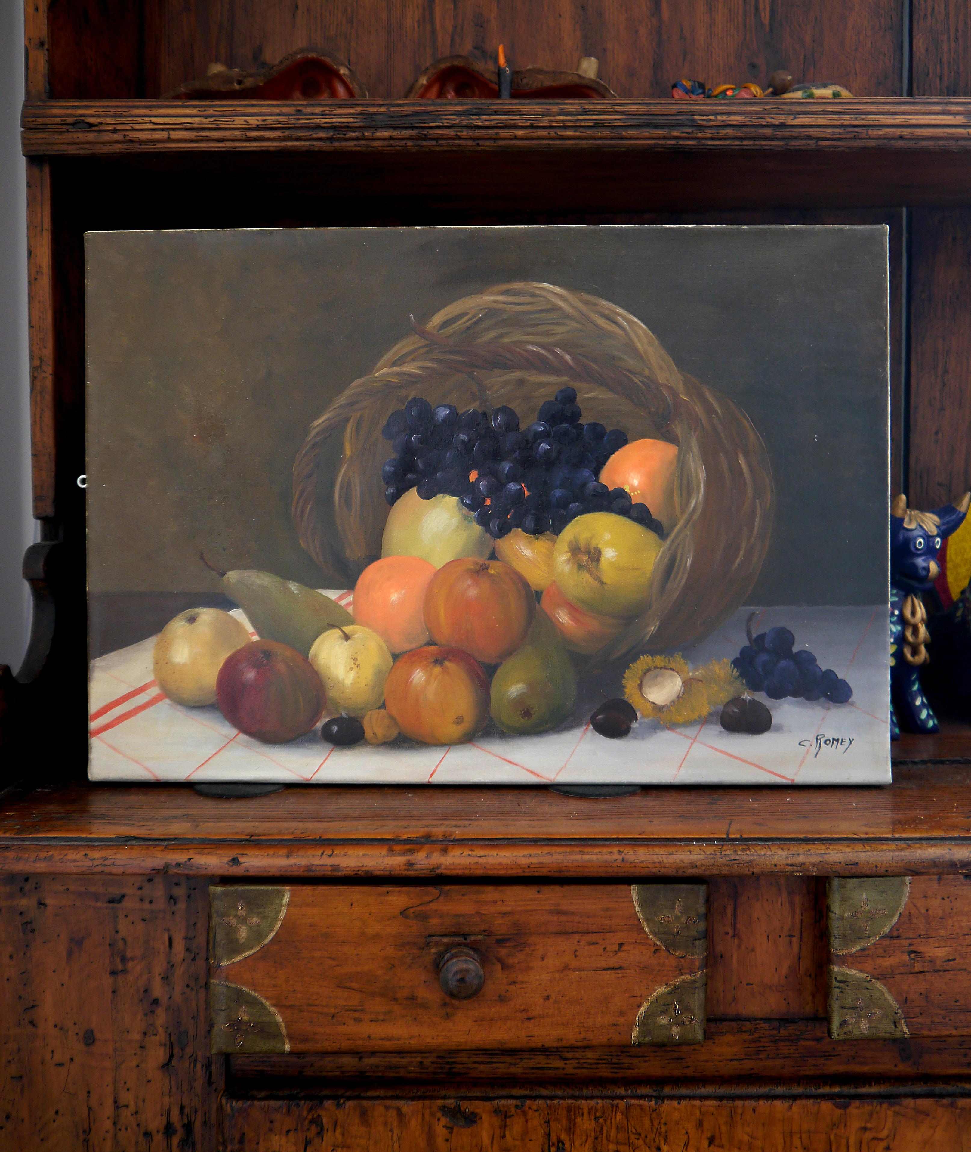 ➡️Still Life painting from C Romey⬅️

This is a still-life painting depicting a variety of fruits spilling from a wicker basket onto a table with a white and red cloth. The artwork follows the classical still-life tradition, emphasizing realism,