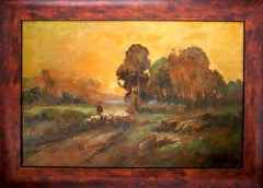 French school The shepherd Luminous Landscape Oil painting Signed
