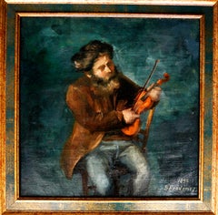 École française Le violoniste, peinture à l'huile signée