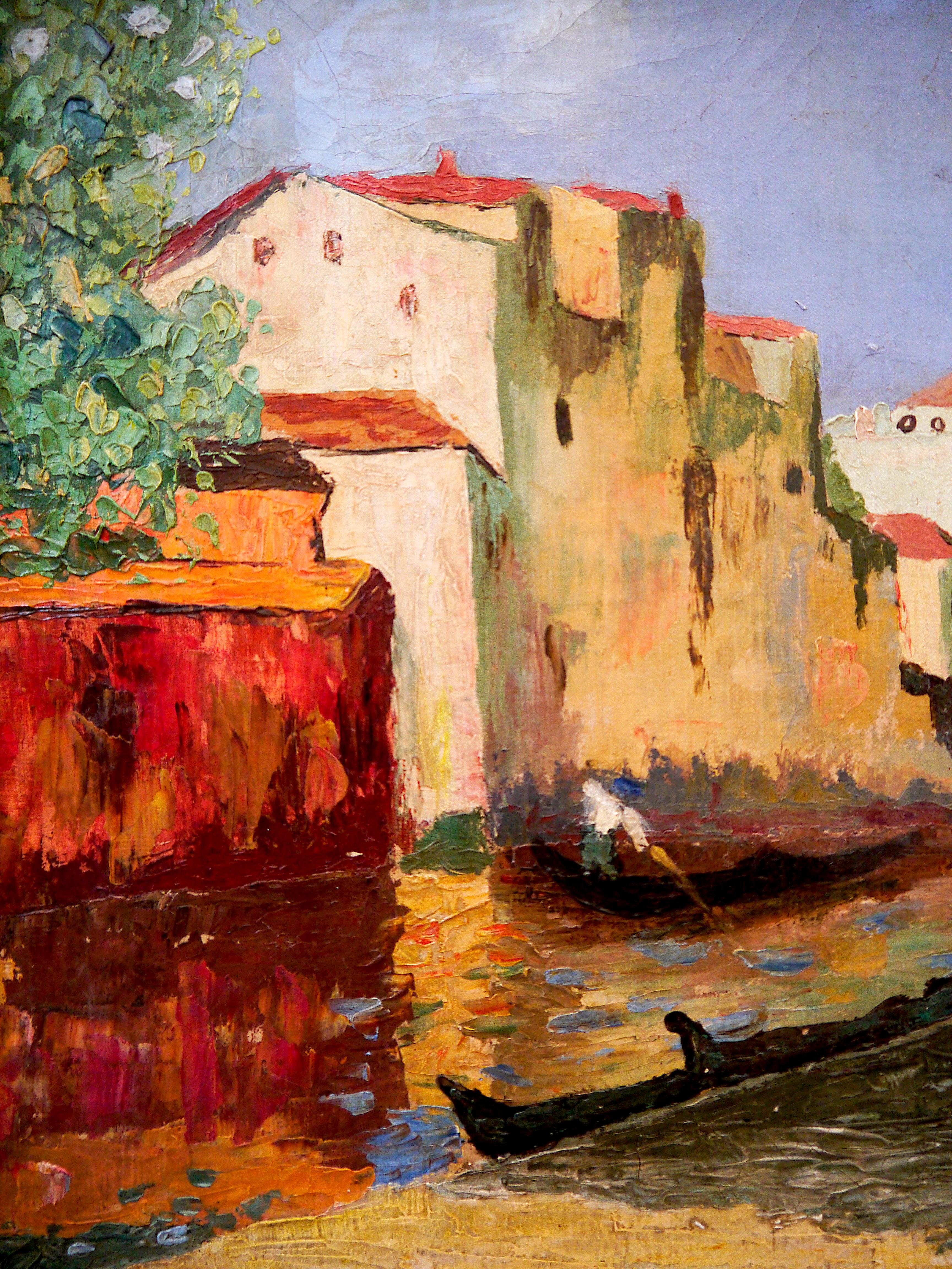 Französische Schule Lebendige Venedig-Szene Signiert (Braun), Figurative Painting, von French School Masters