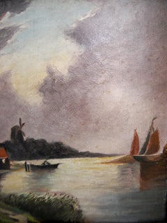 French school Windmill scene Oil painting Signed