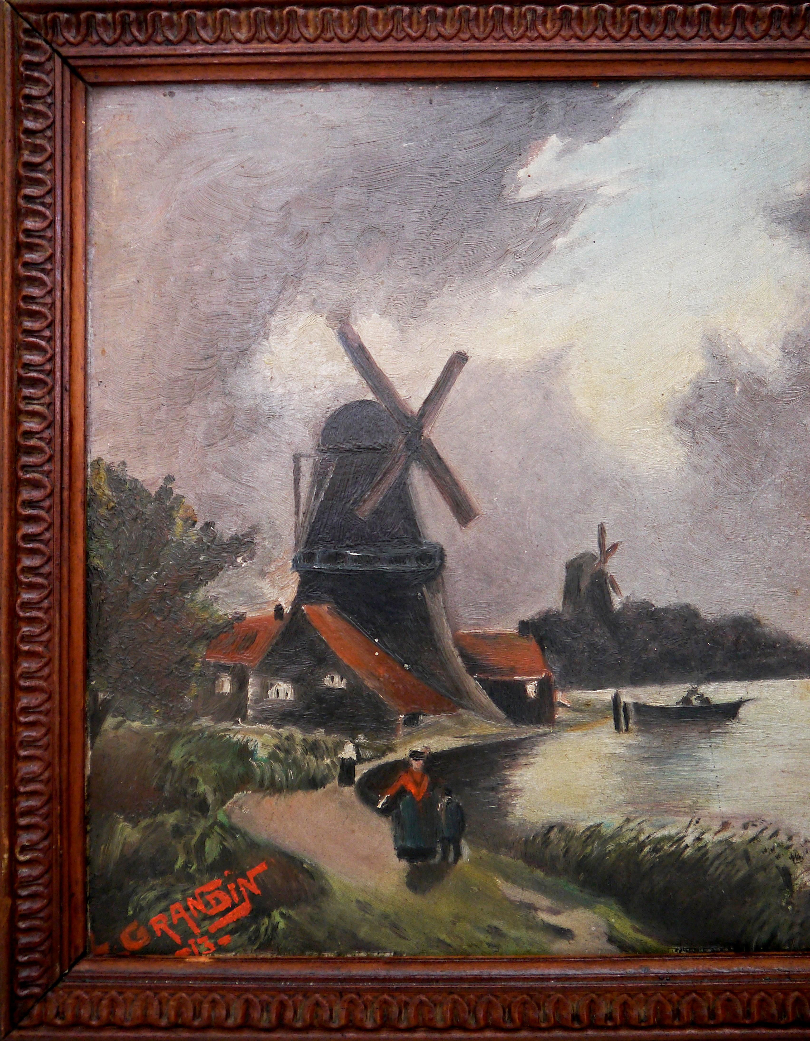 Escuela francesa Escena del molino de viento Pintura al óleo Firmado - Painting Impresionista de French School Masters