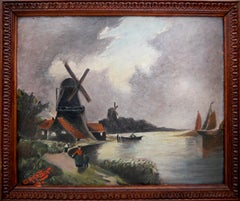 Windmühlenszene, Ölgemälde, signiert, Französische Schule