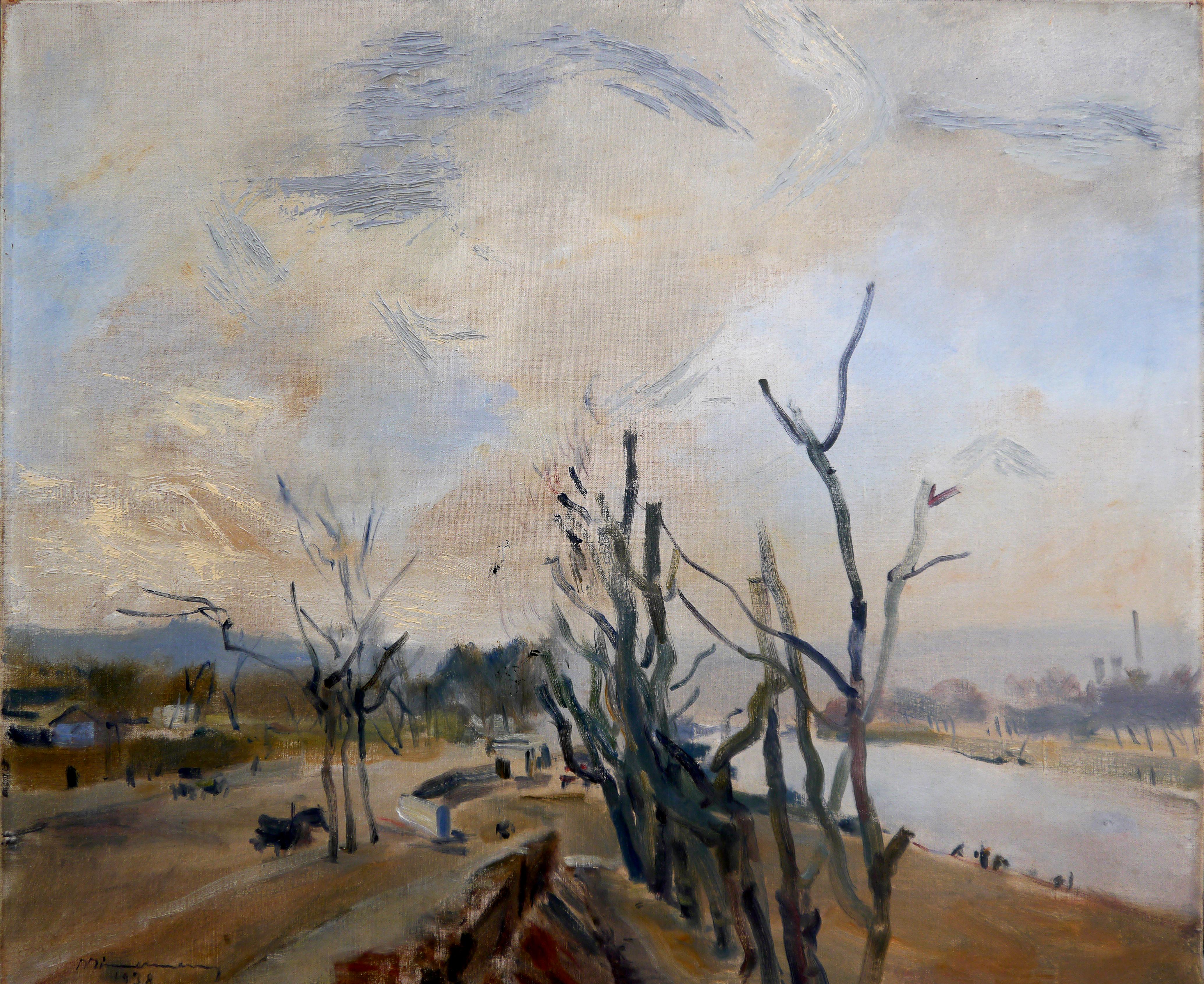 German school Landscape river scene Signed oil painting