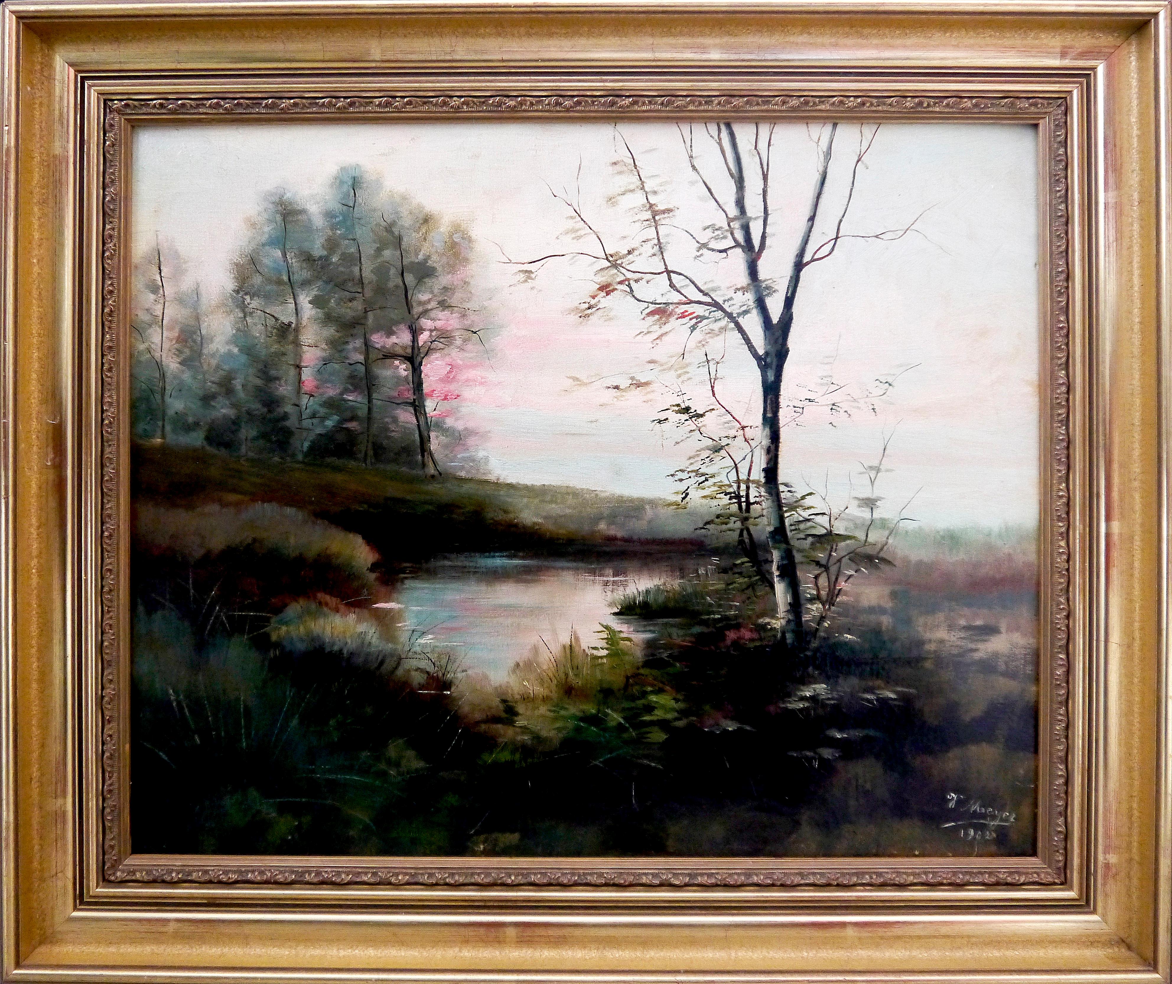 Swiss school Landscape Pond near the Rhône scene Signed oil on canvas