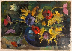 French Mid Century Still Life Bright Colourful Flowers in Blue Vase Oil Painting