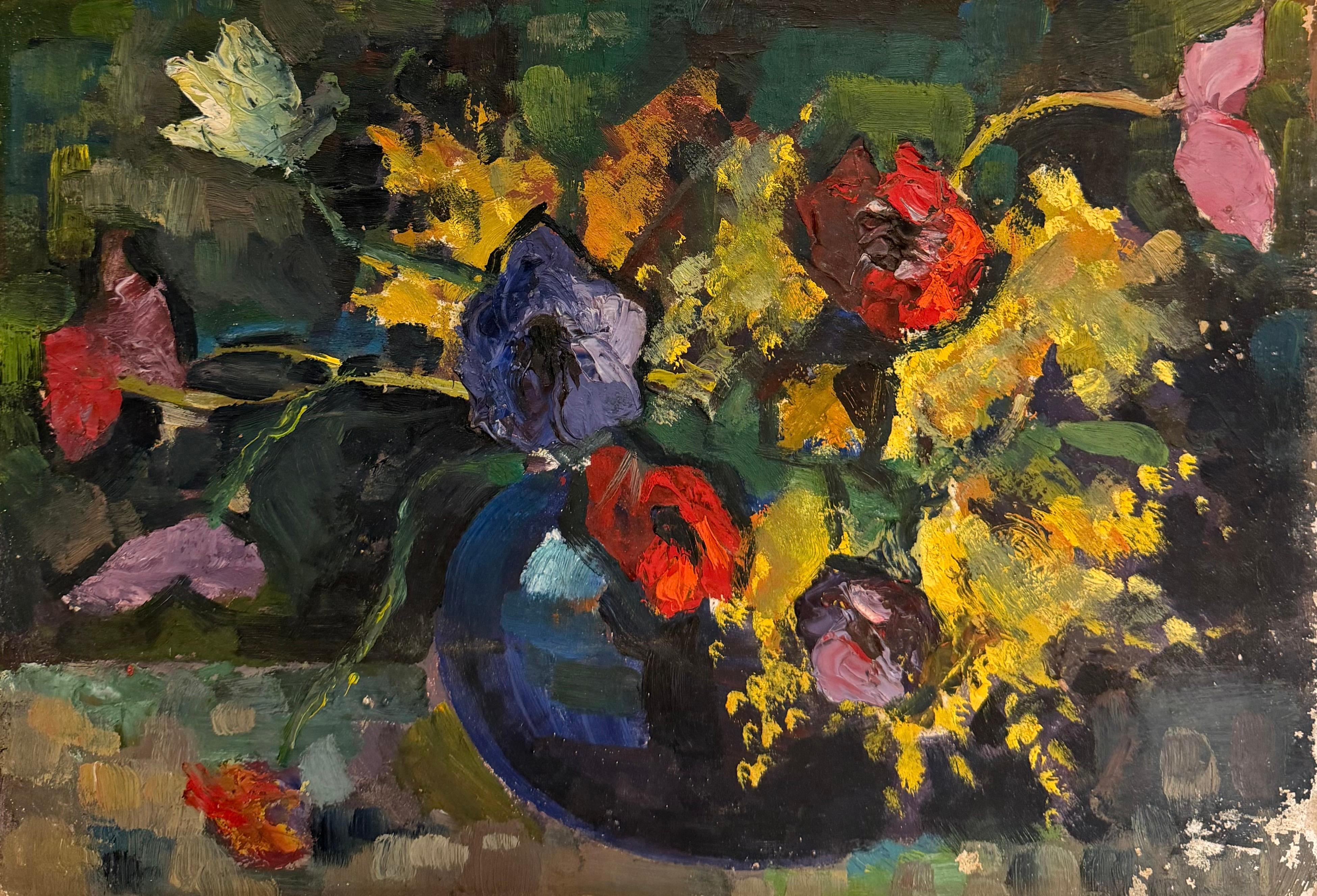 French Mid Century Still Life Bright Colourful Flowers in Blue Vase Oil Painting